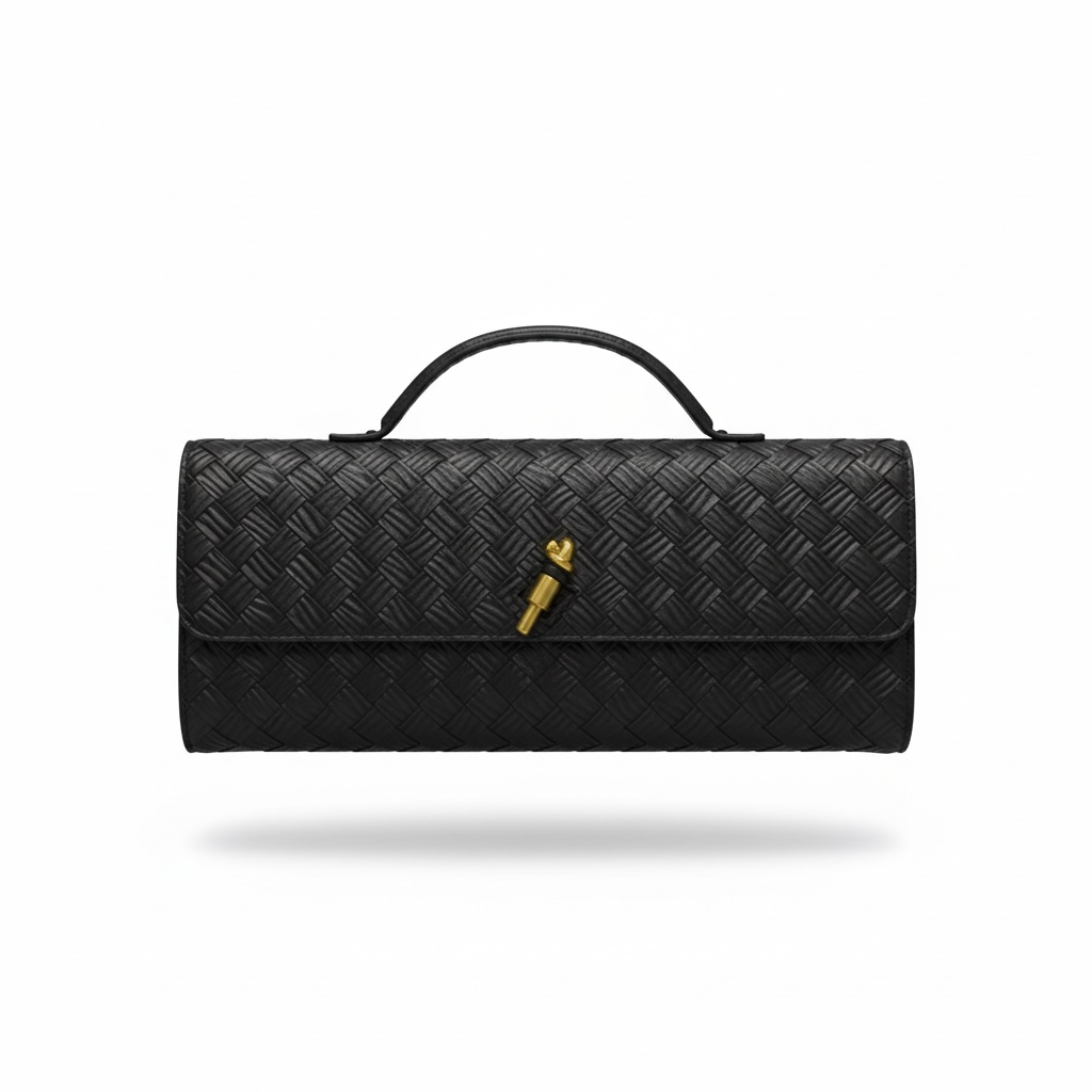 🖤 Bottega Veneta Black Intrecciato Knot Clutch – Luxury Woven Evening Handbag ✨