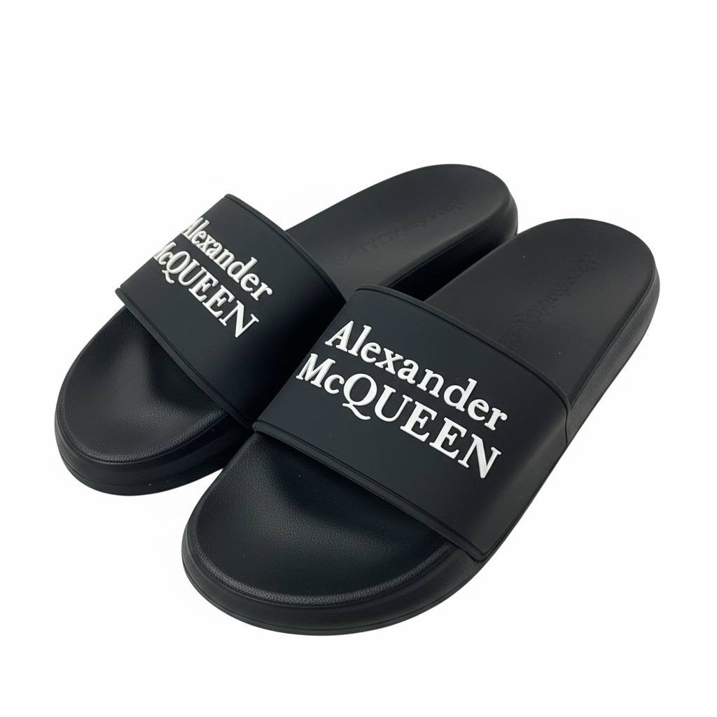 Alexander McQueen Black Logo Slides 🖤✨ | Luxury Minimal Summer Essential 🔥👑