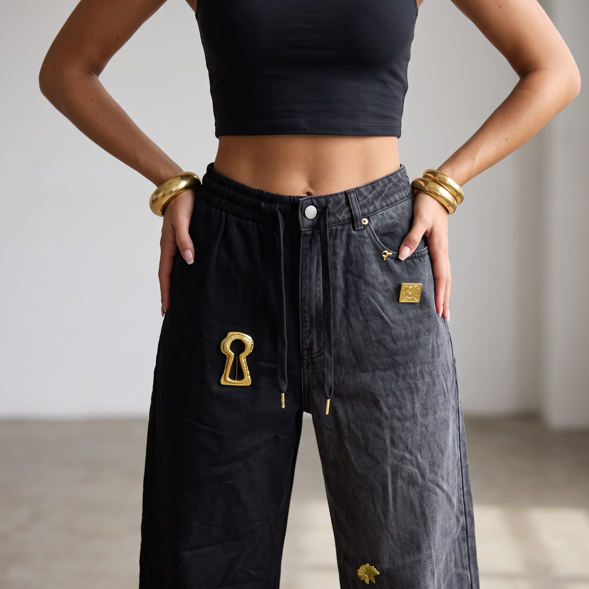 Schiaparelli Keyhole Embellished Two-Tone Wide-Leg Jeans 🔑✨