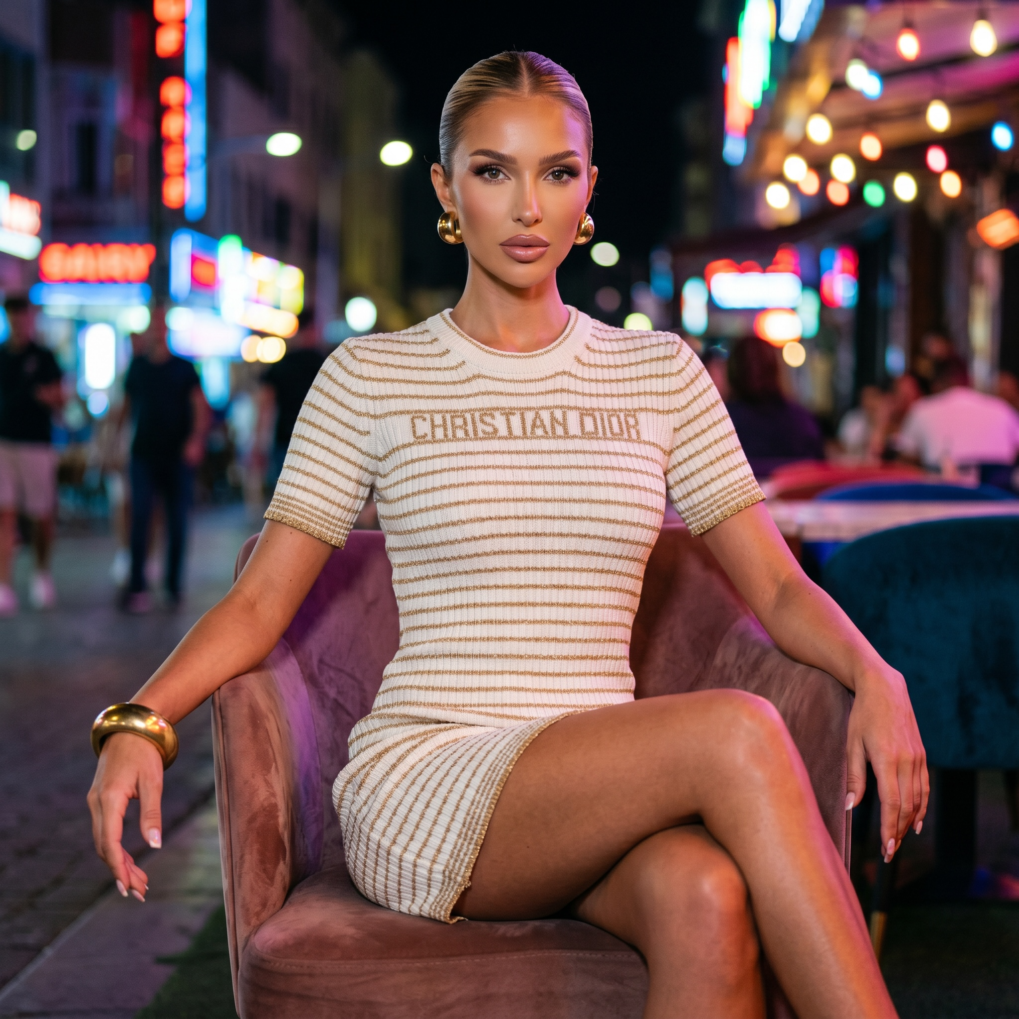 ✨ Christian Dior Striped Knit Mini Dress – Beige & Ivory