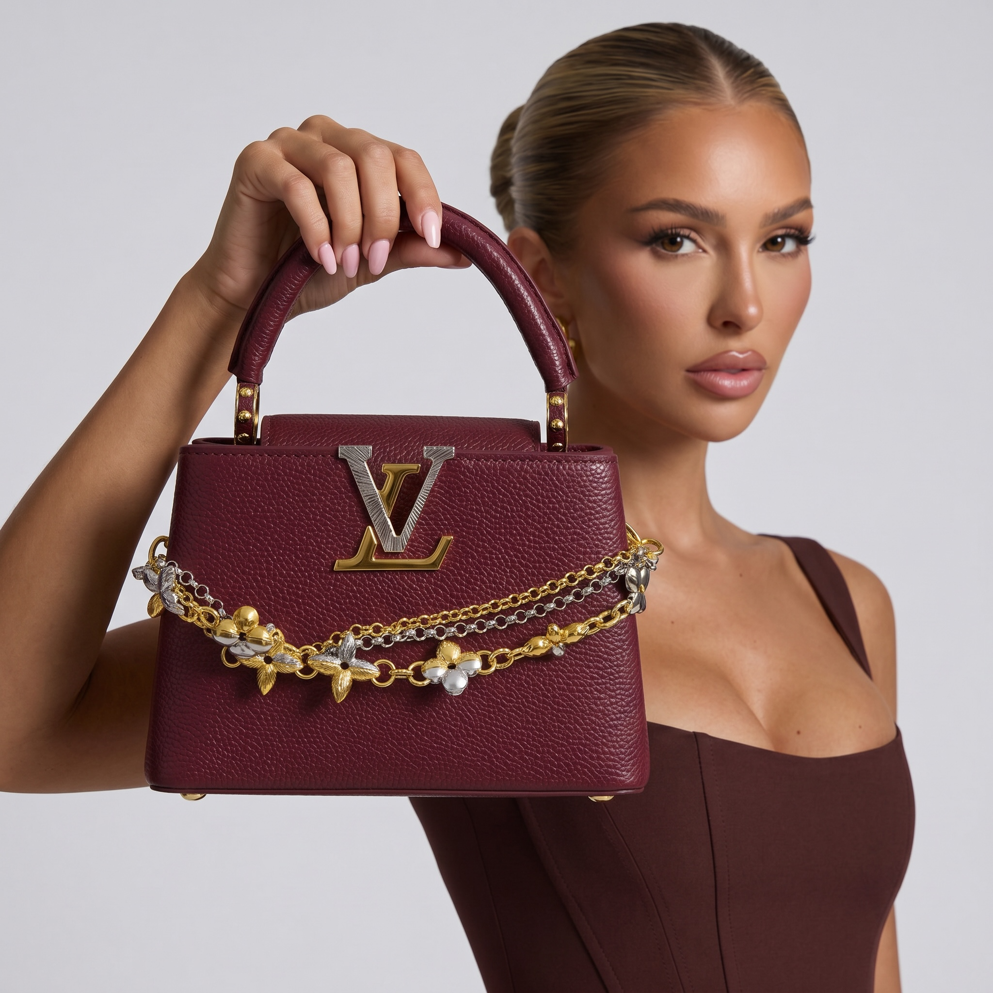 ✨ Louis Vuitton Capucines Mini Burgundy Leather Bag with Floral Chain Charm ❤️🌺
