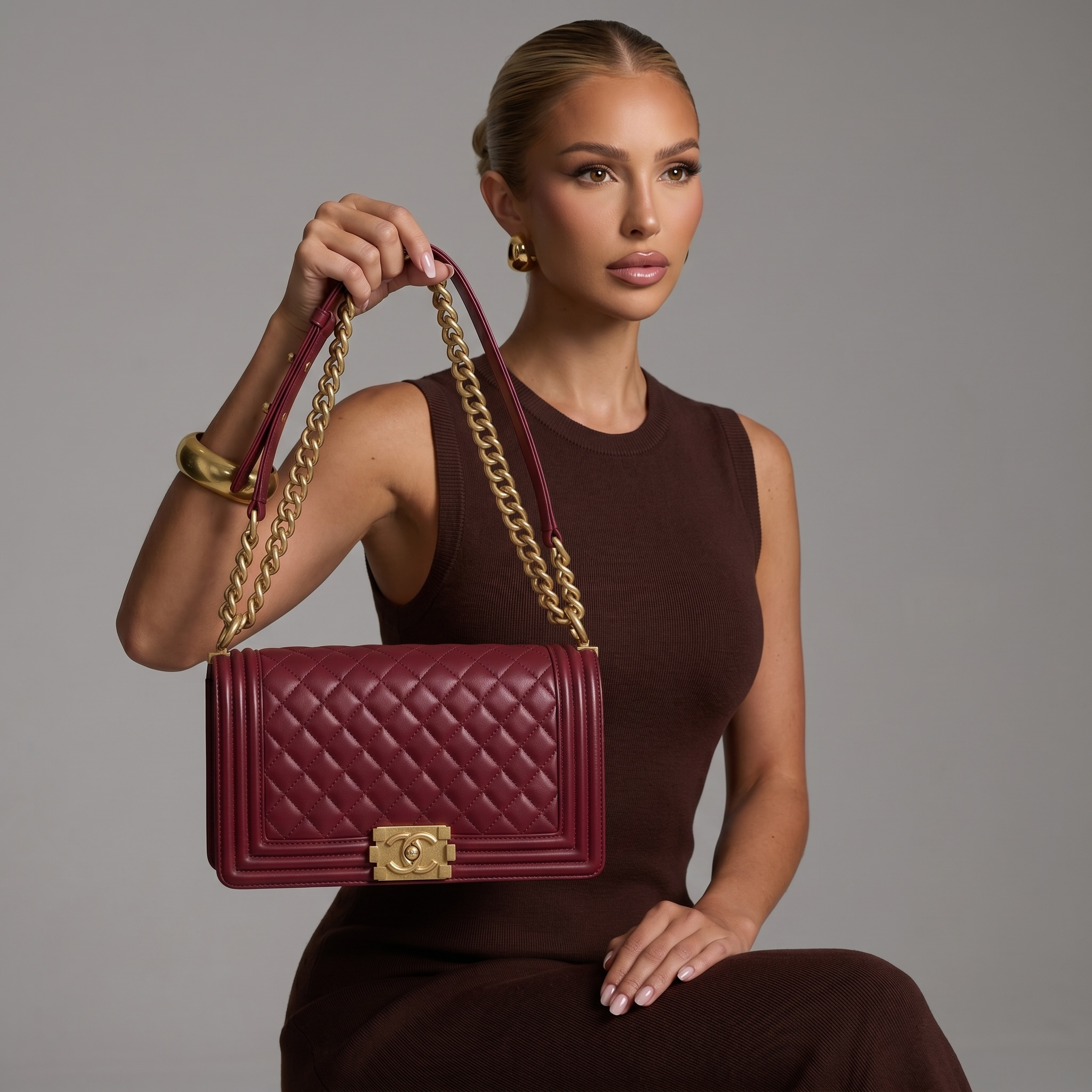 ✨ Chanel Boy Flap Bag – Burgundy Quilted Chain Shoulder Bag