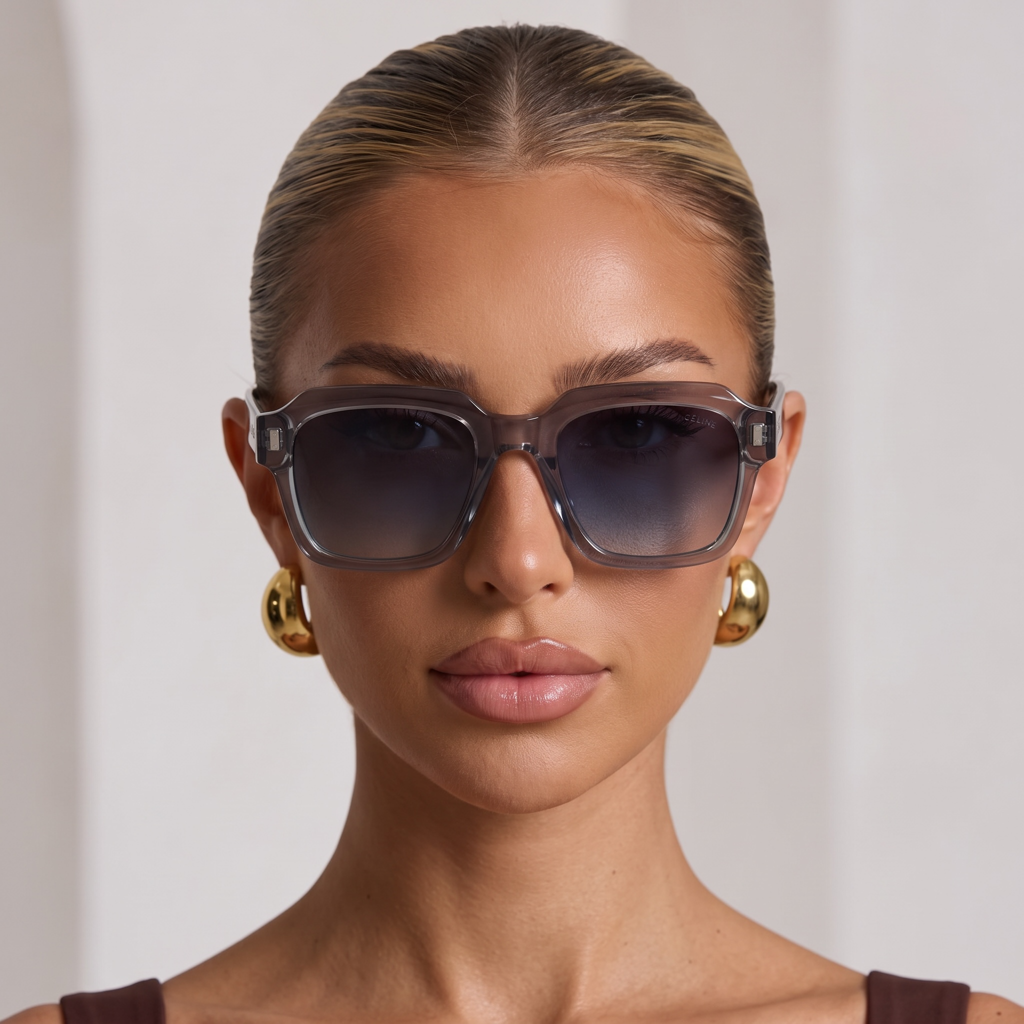 Celine Square Sunglasses – Transparent Grey Frame Blue Gradient 🕶️✨