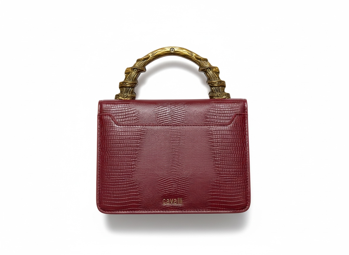 ROBERTO CAVALLI Snake Handle Mini Bag – Burgundy Gold 🍷🐍 | Iconic Statement Luxury