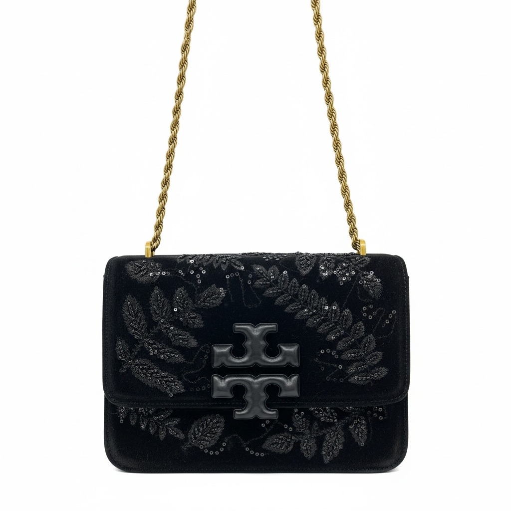 Tory Burch Velvet Chain Shoulder Bag – Black Embroidered Edition 🖤✨