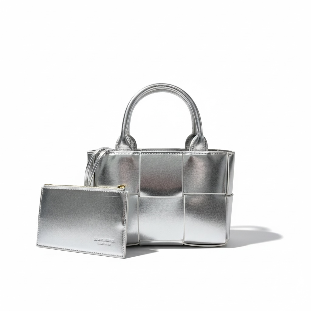 🩶 Silver Bottega Veneta Mini Intrecciato Tote & Card Holder
