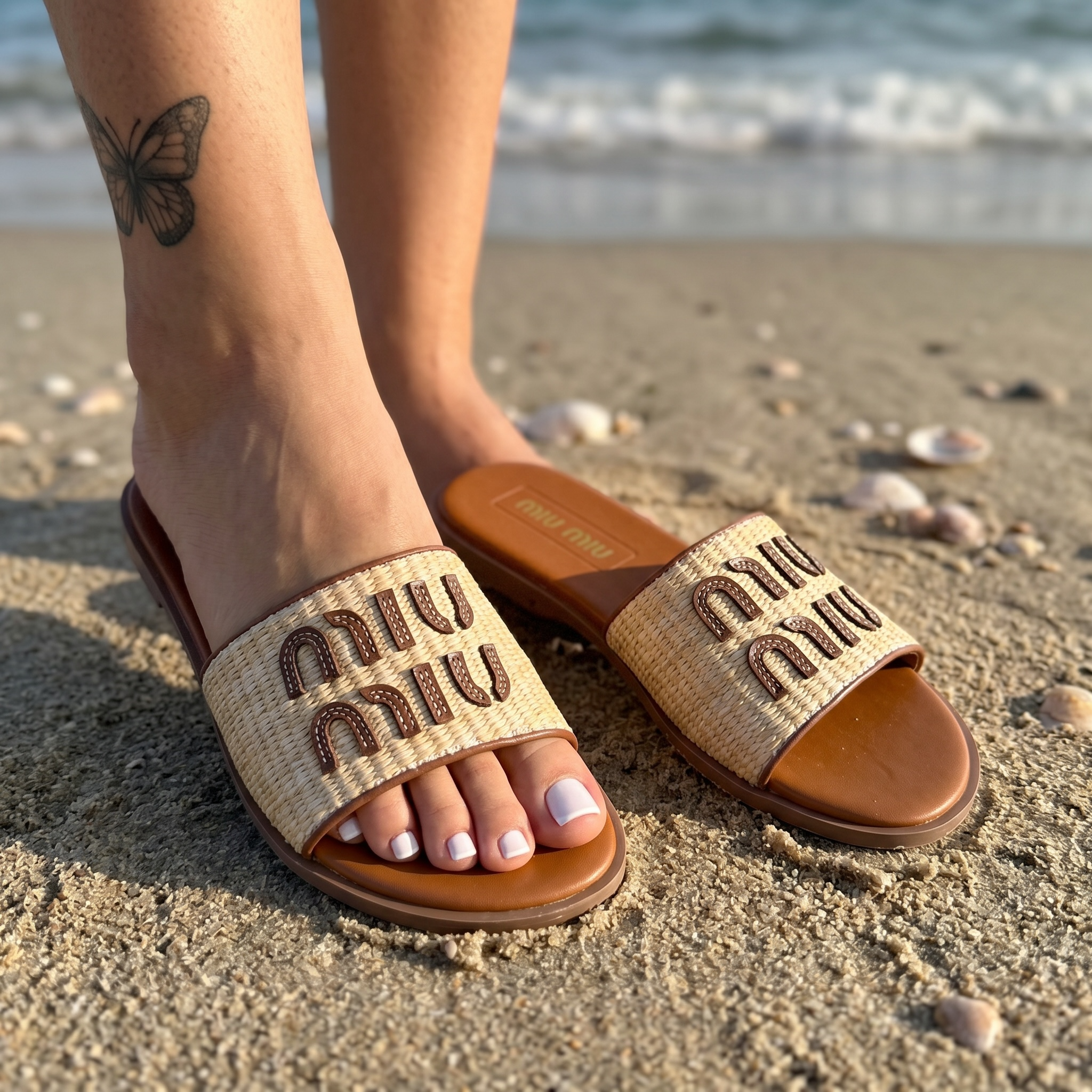 ✨ Miu Miu Raffia Logo Slides – Luxury Summer Flat Sandals