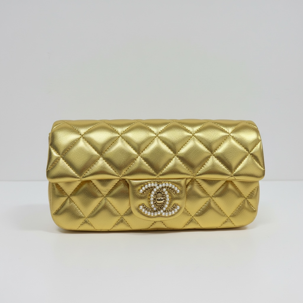 ✨ Chanel Gold Quilted Chain Shoulder Bag – Crystal CC Evening Bag