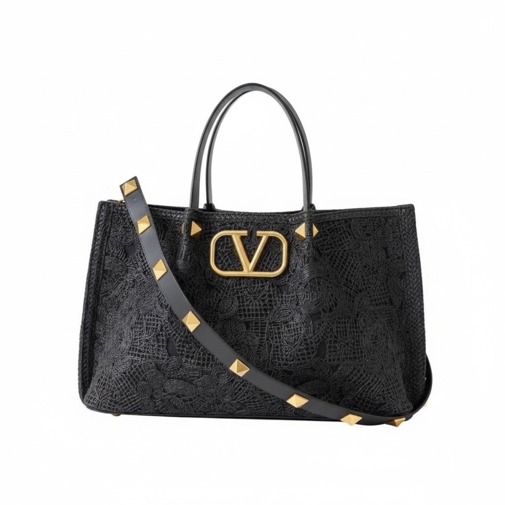 Valentino Garavani Black Lace Tote โ VLogo Rockstud Strap ๐คโจ