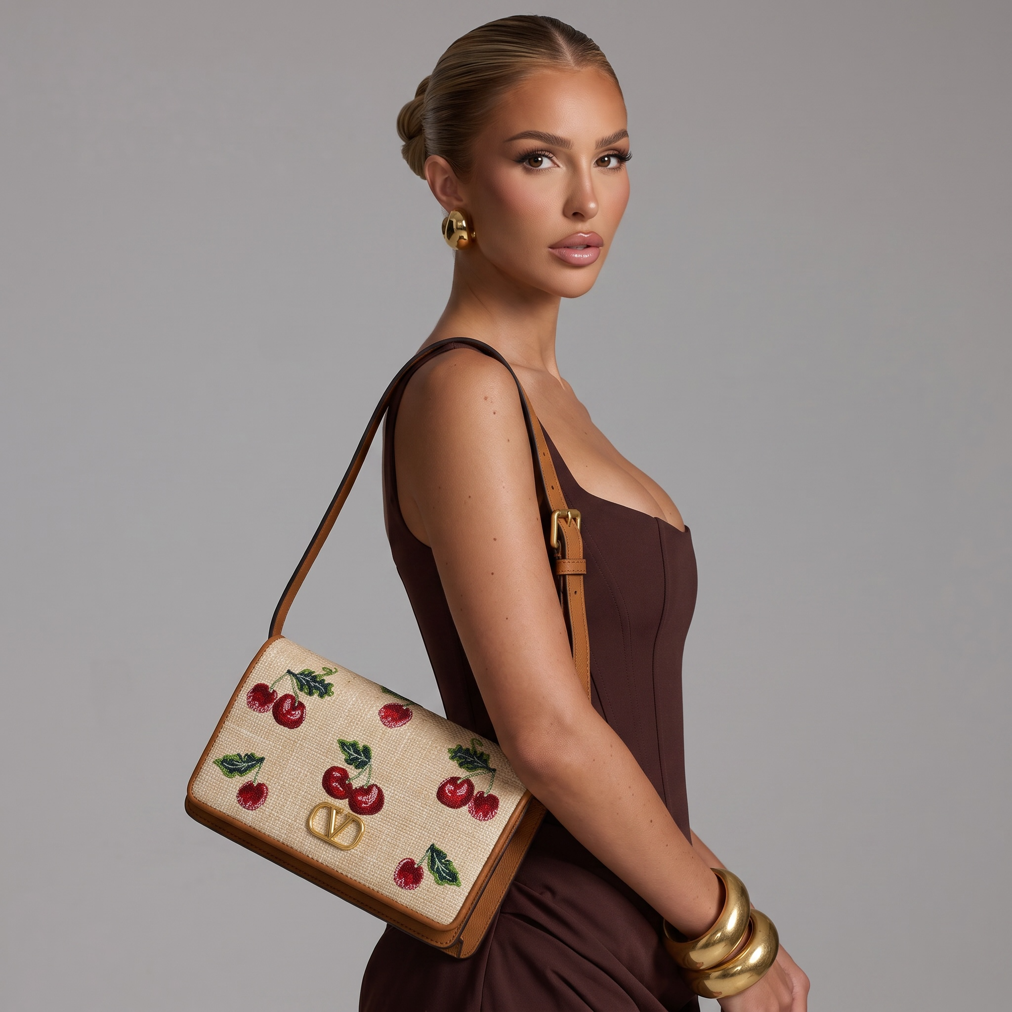 🍒 Valentino Cherry Embroidered Shoulder Bag – Ivory & Tan