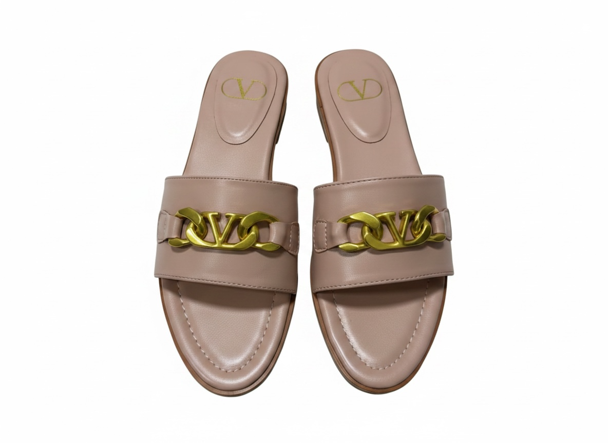 Valentino VLogo Nude Leather Slides 🤍✨ Premium Gold Chain