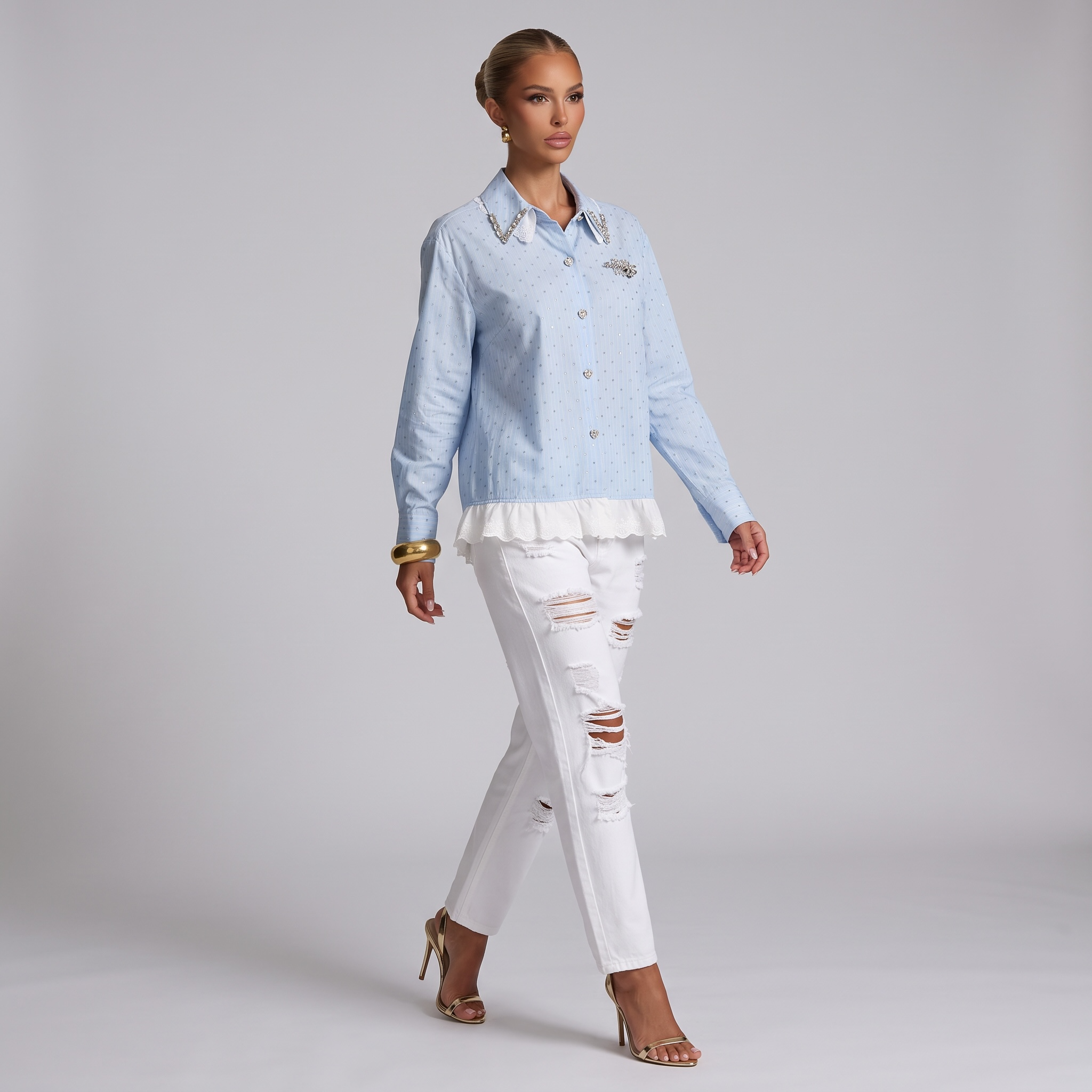 Miu Miu Crystal Collar Lace Hem Shirt one size