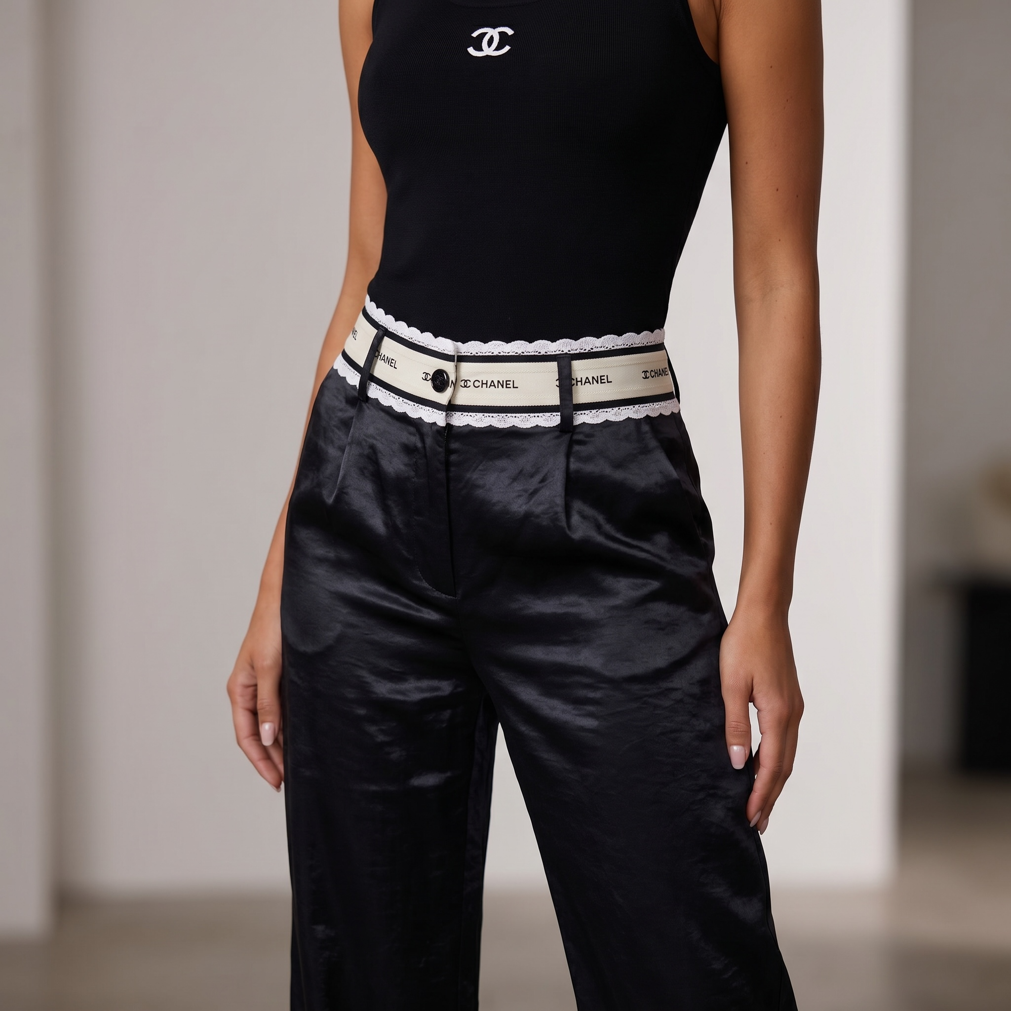 Chanel Noir Satin Straight-Leg Trousers 🖤✨