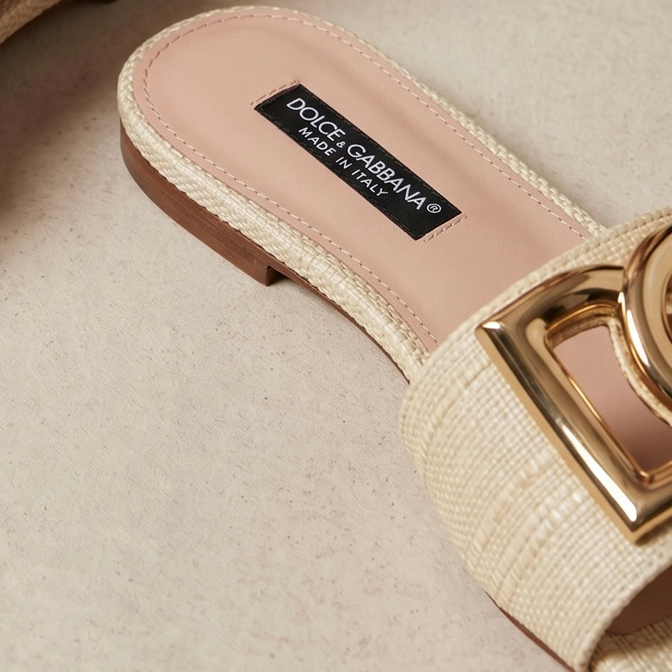 Dolce & Gabbana DG Raffia Slide Sandals – Natural Beige 🤍✨