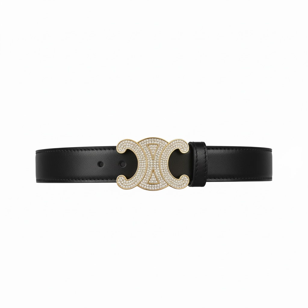 Celine Triomphe Crystal Buckle Black Leather Belt 🖤✨