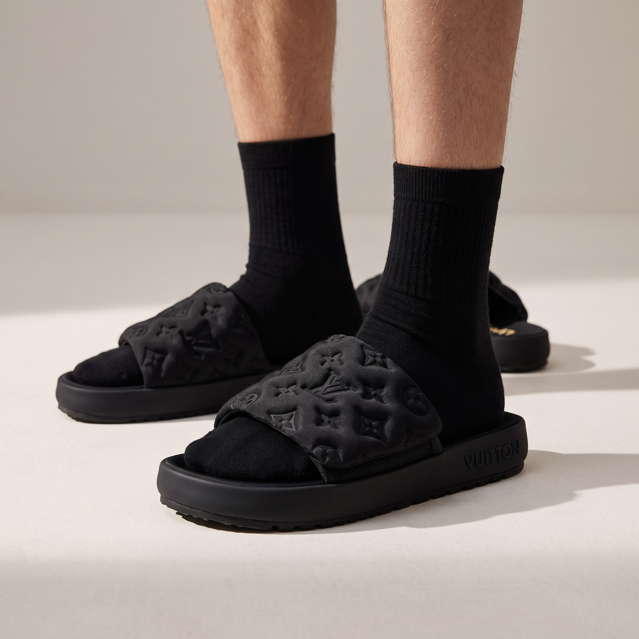 LOUIS VUITTON Luxury Black Monogram Slide Sandals – Embossed Design & Minimal Premium Style 👟