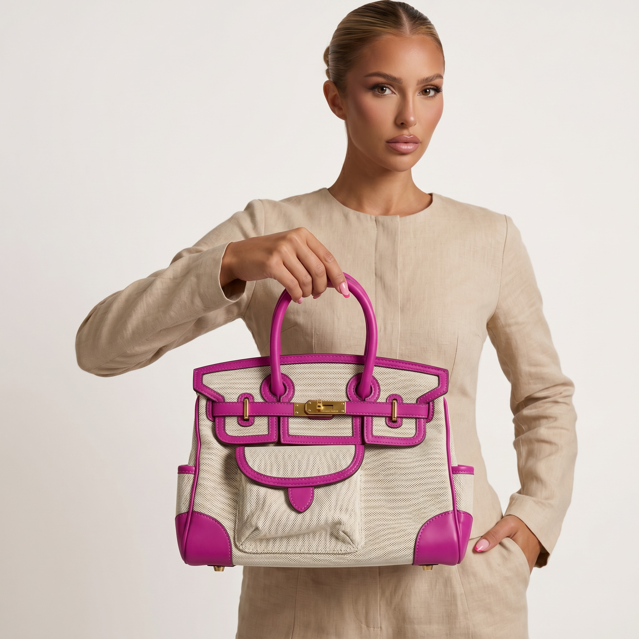 💖 Hermès-Inspired Canvas Tote Bag – Pink Trim Luxury Handbag