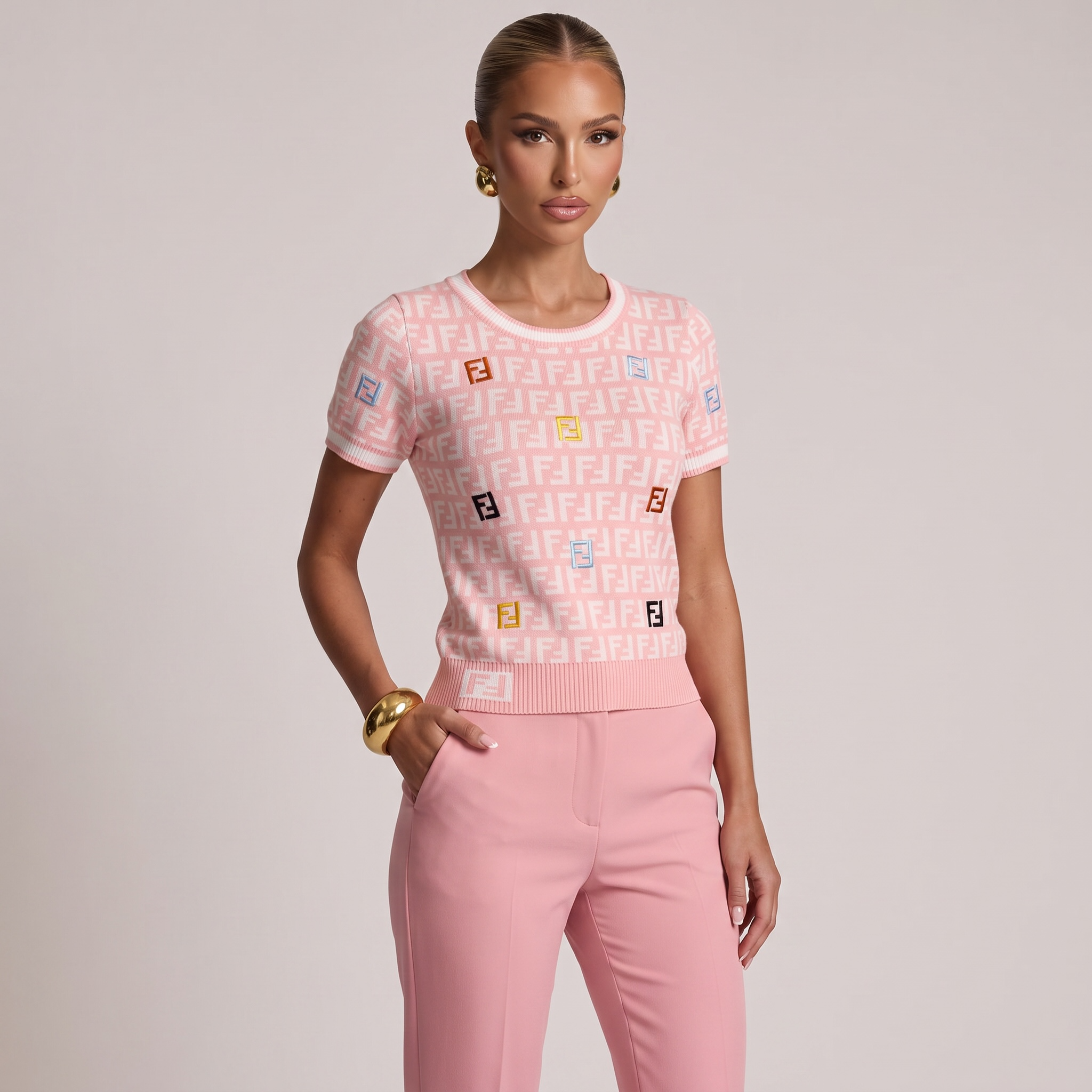 💗 Fendi FF Monogram Knit Short Sleeve Top – Pink ( one size )