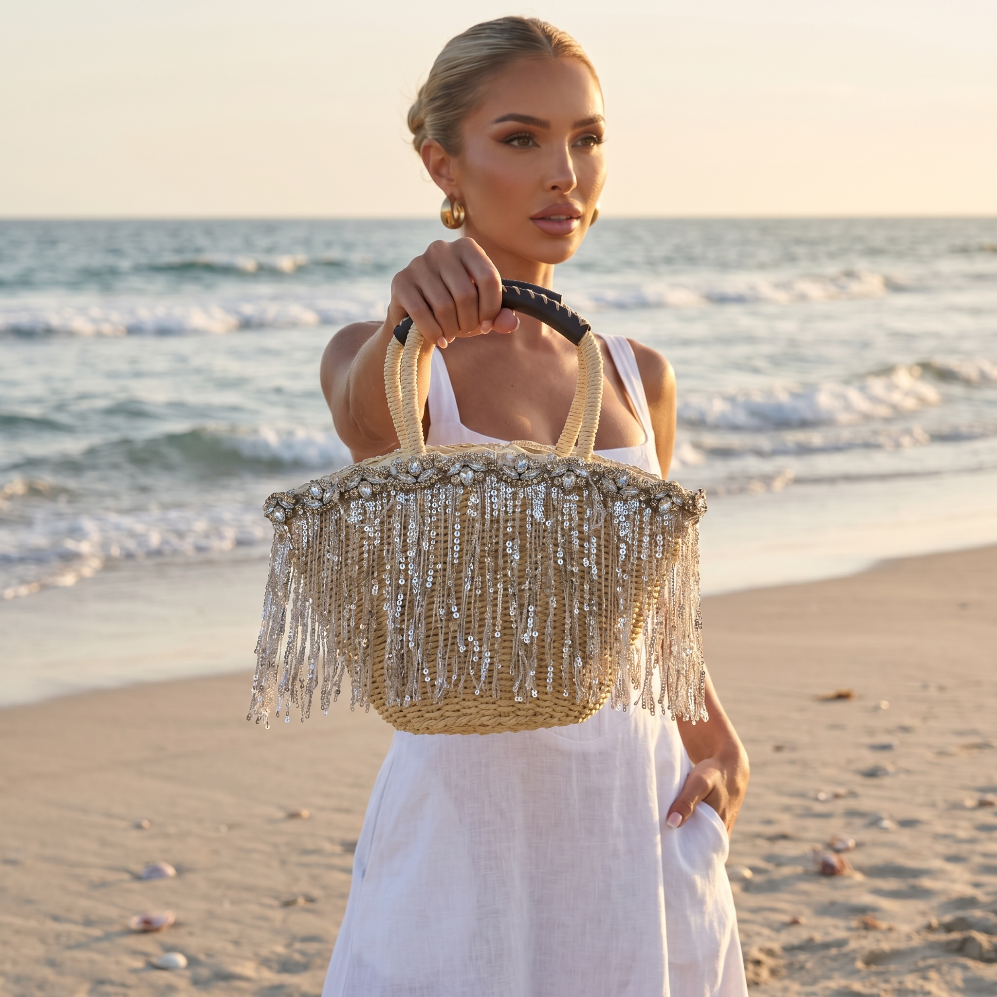 Crystal Fringe Woven Beach Tote – Natural Beige ✨🏖️