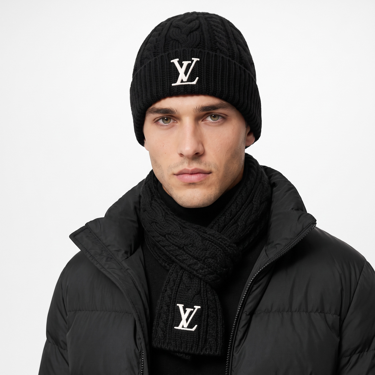 🖤 Louis Vuitton Black Winter Knit Set – Beanie & Scarf Iconic Luxury ❄️