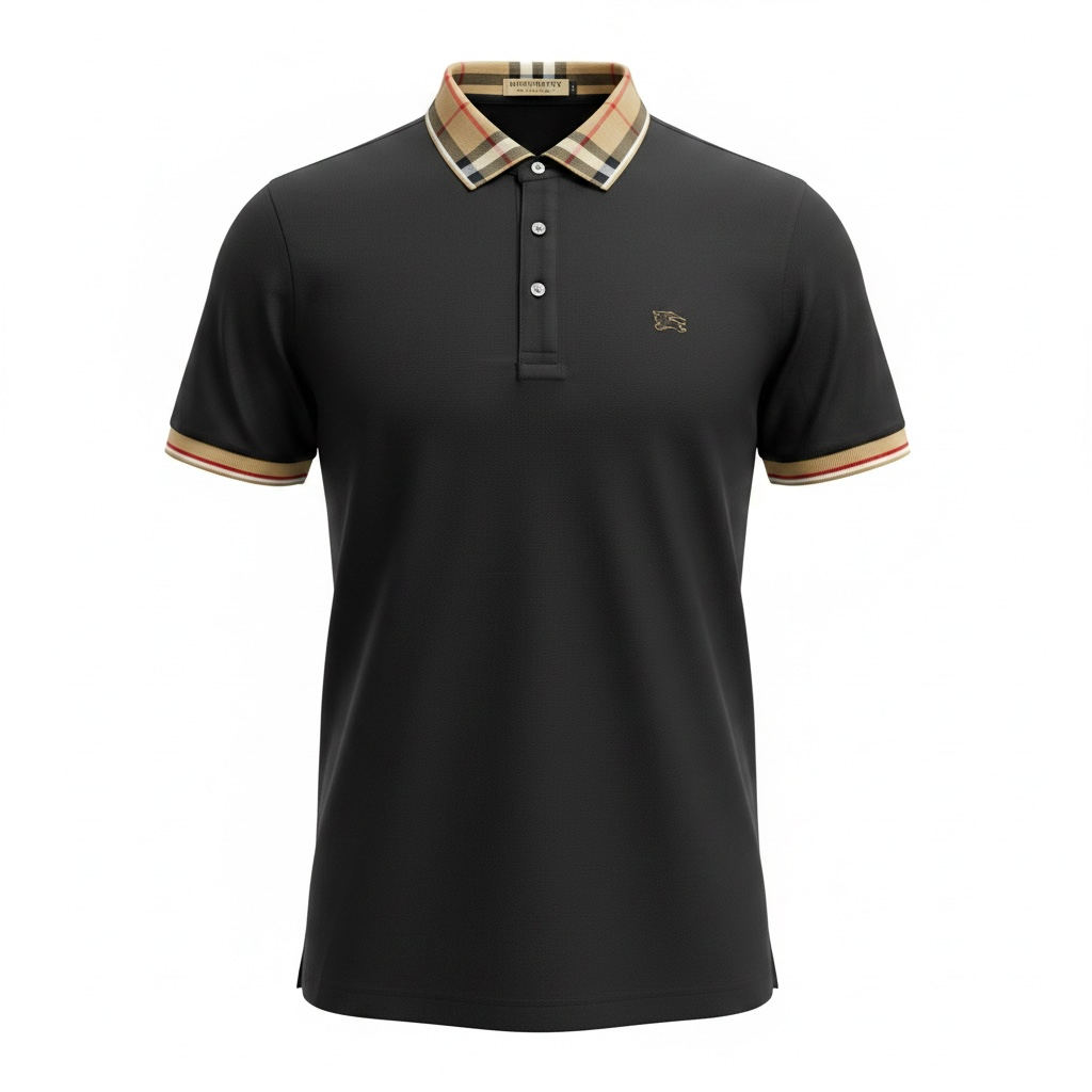 Burberry Black Polo Shirt ๐คโจ Iconic Check Collar Edition