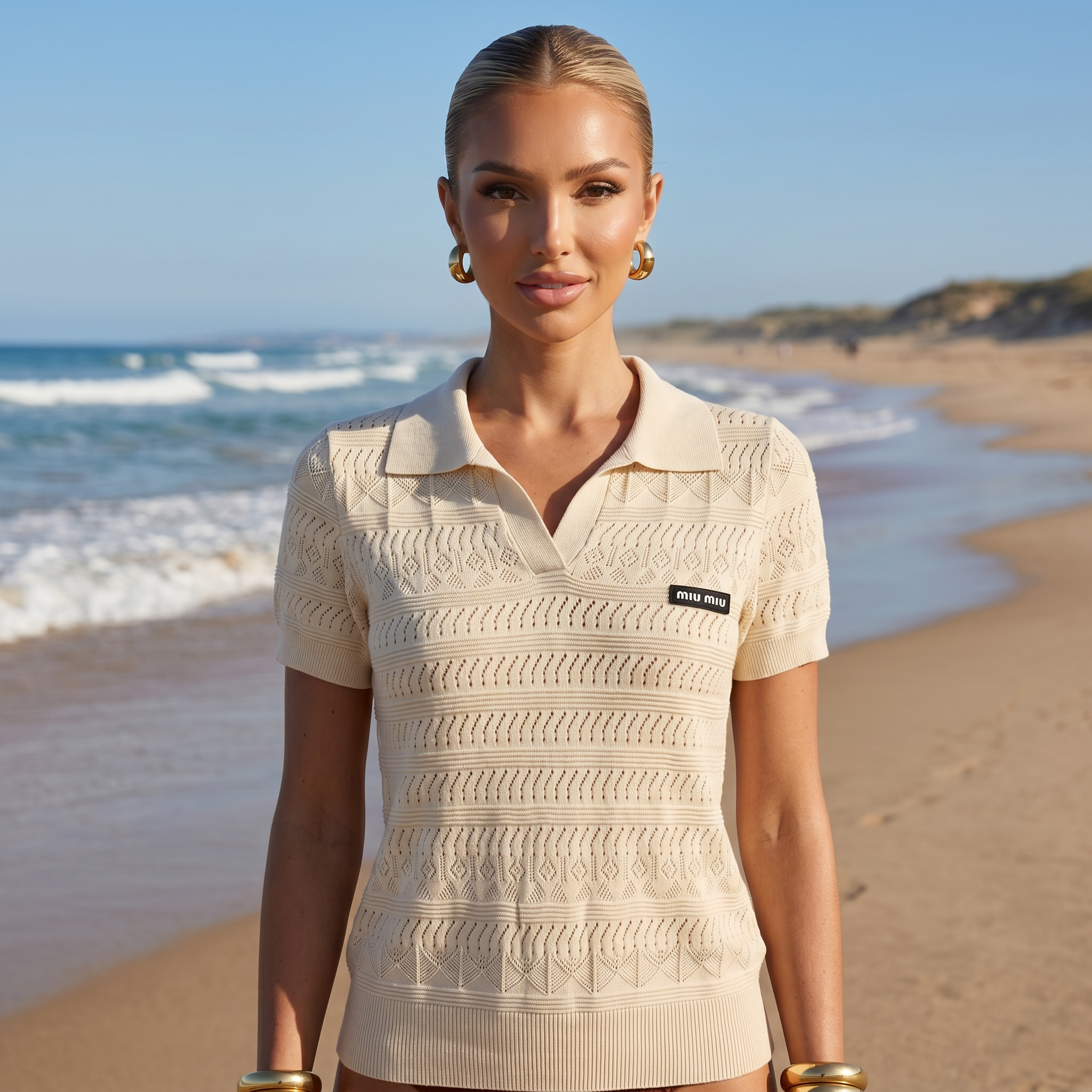 โจ Miu Miu Pointelle Knit Polo Top โ Ivory (one size)