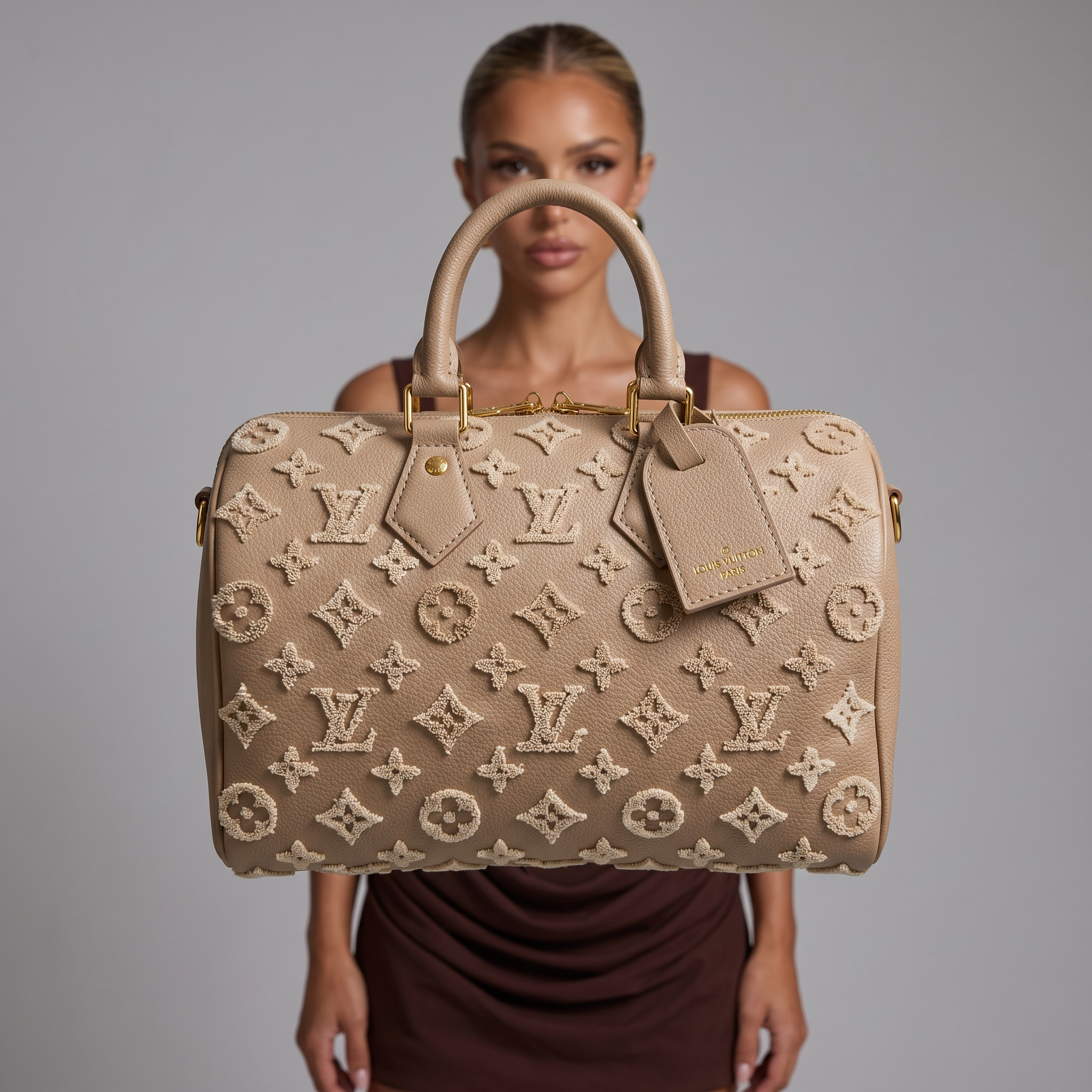 🤍 Louis Vuitton Monogram Empreinte Speedy Handbag – Beige