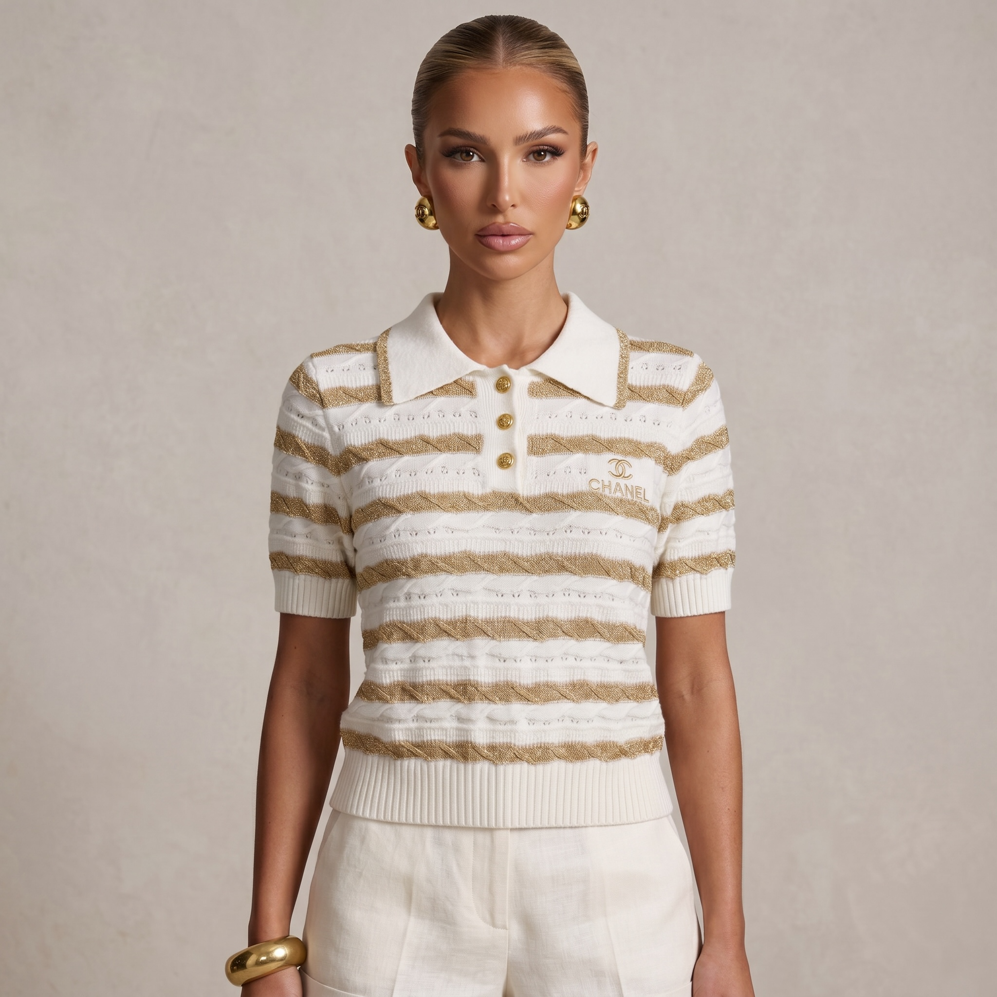 ✨ Chanel White & Gold Striped Knit Polo Top