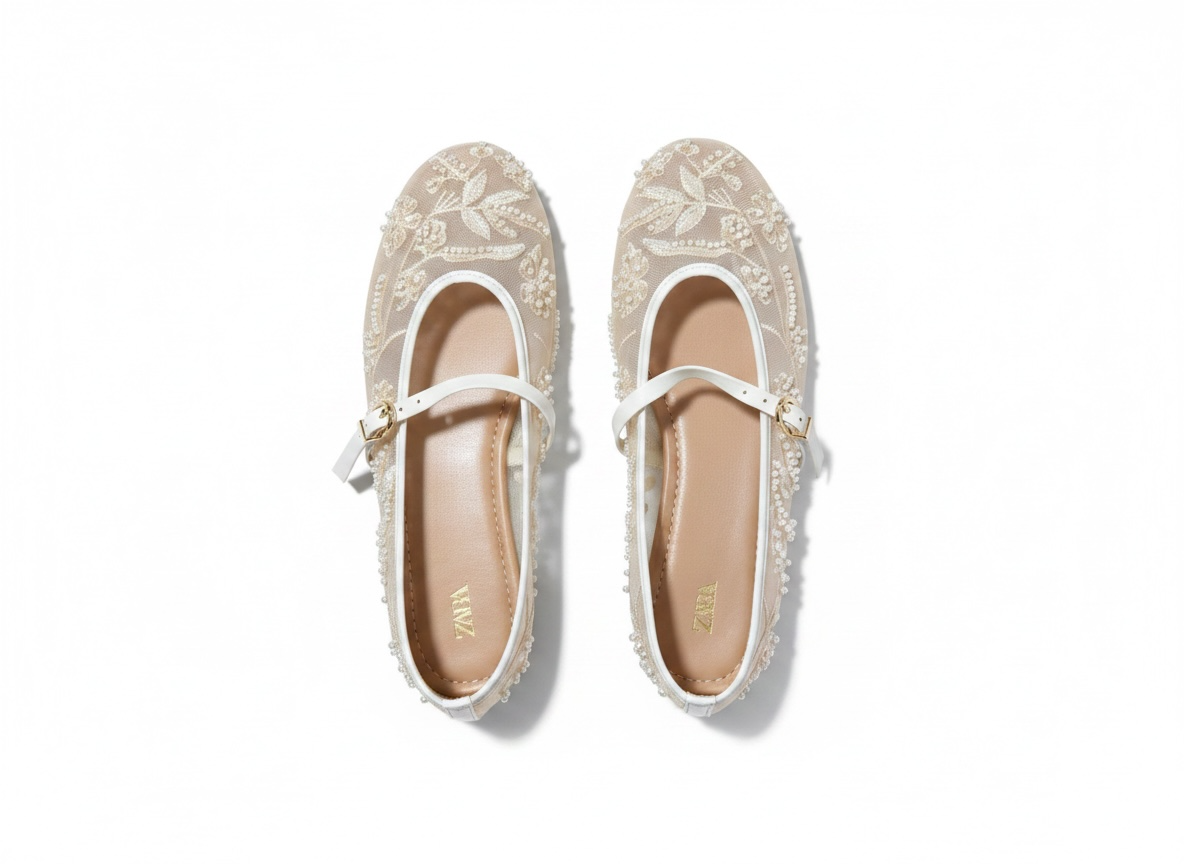 Zara Pearl Embroidered Mesh Mary Jane Flats ✨🤍