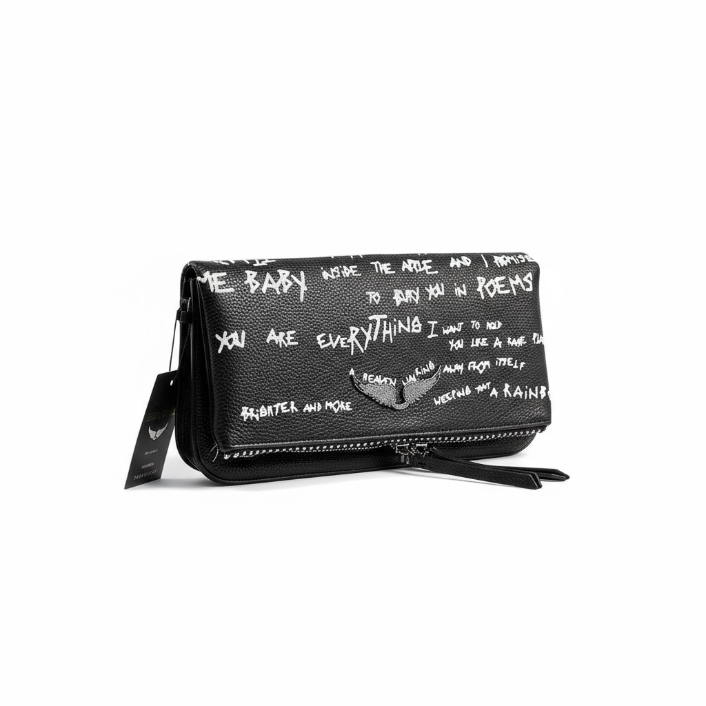 Zadig & Voltaire Graffiti Black Leather Clutch 🖤✍️ | Edgy Parisian Chic