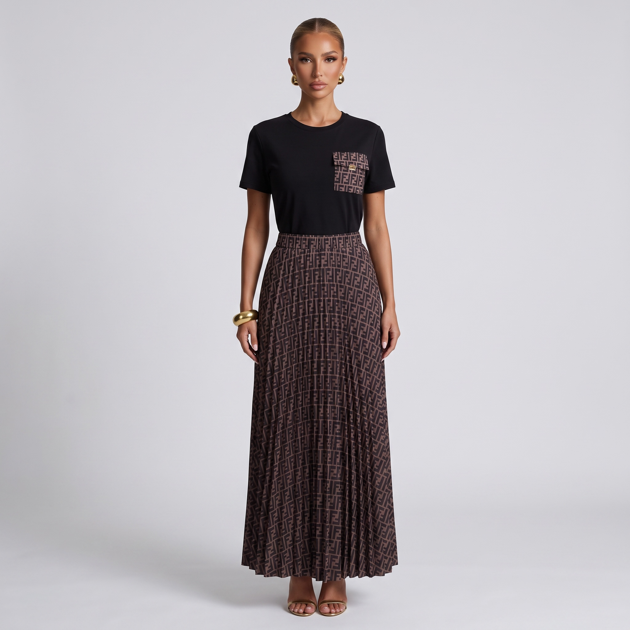 🖤🤎 Fendi FF Monogram T-Shirt & Maxi Skirt Set |