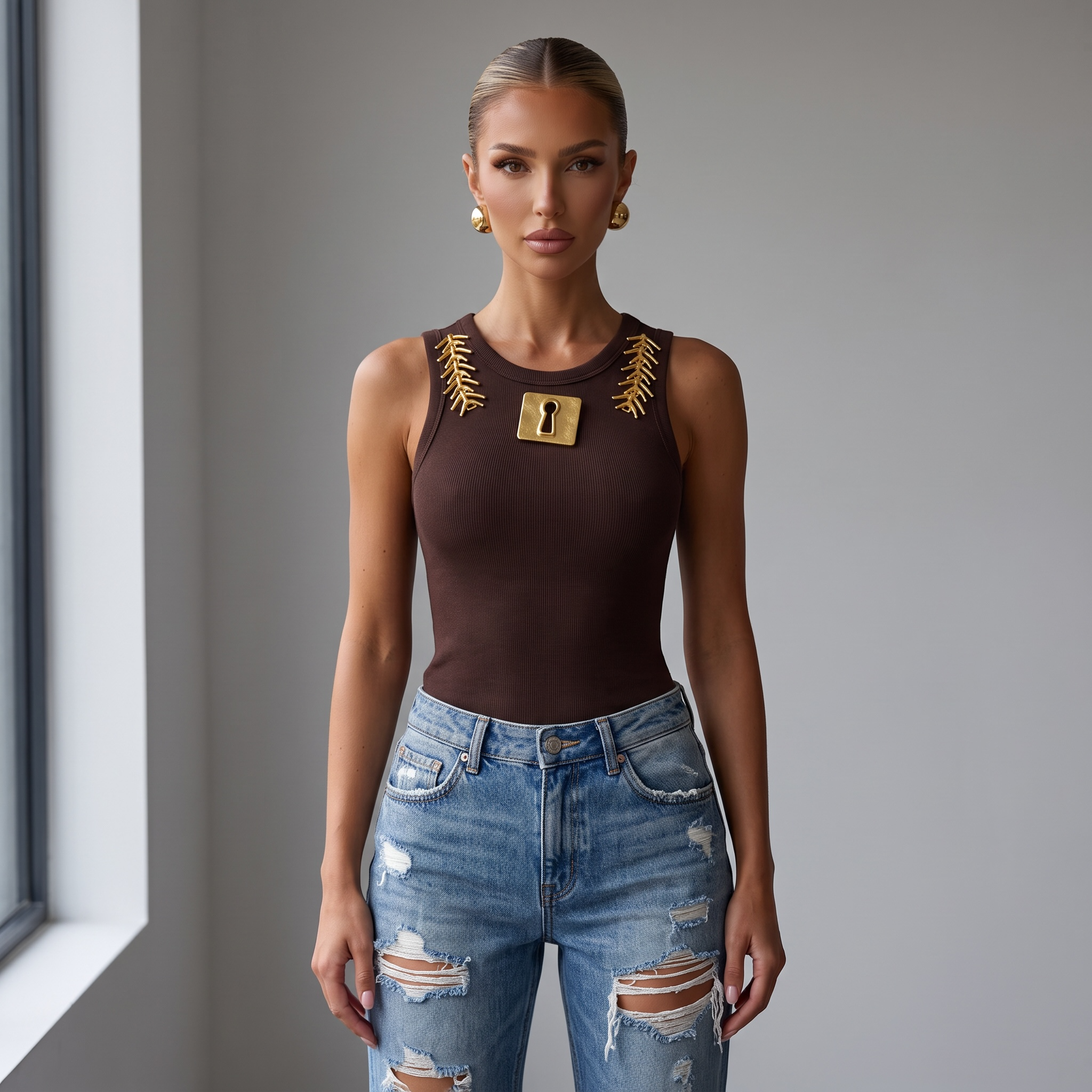 Schiaparelli Embellished Ribbed Tank Top – Brown one size