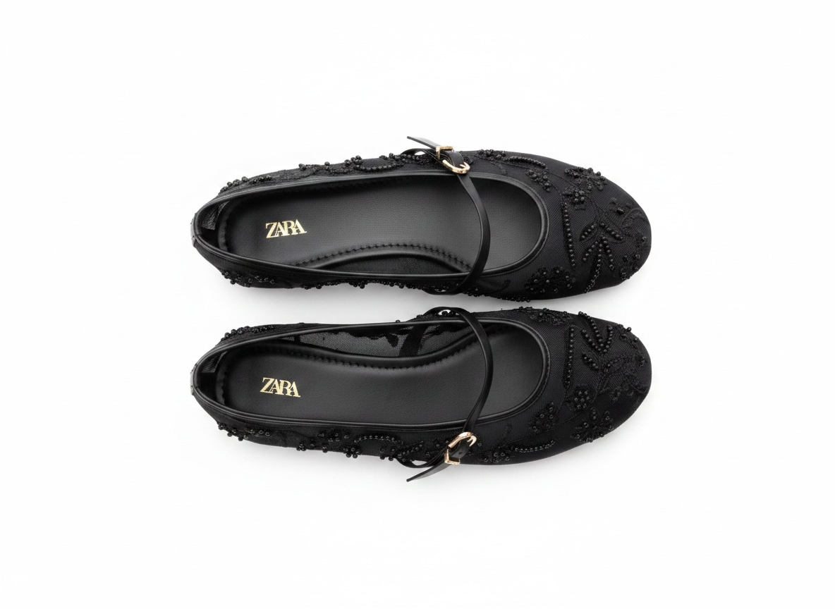 Zara Embellished Mary Jane Ballet Flats – Midnight Black Edition 🖤✨