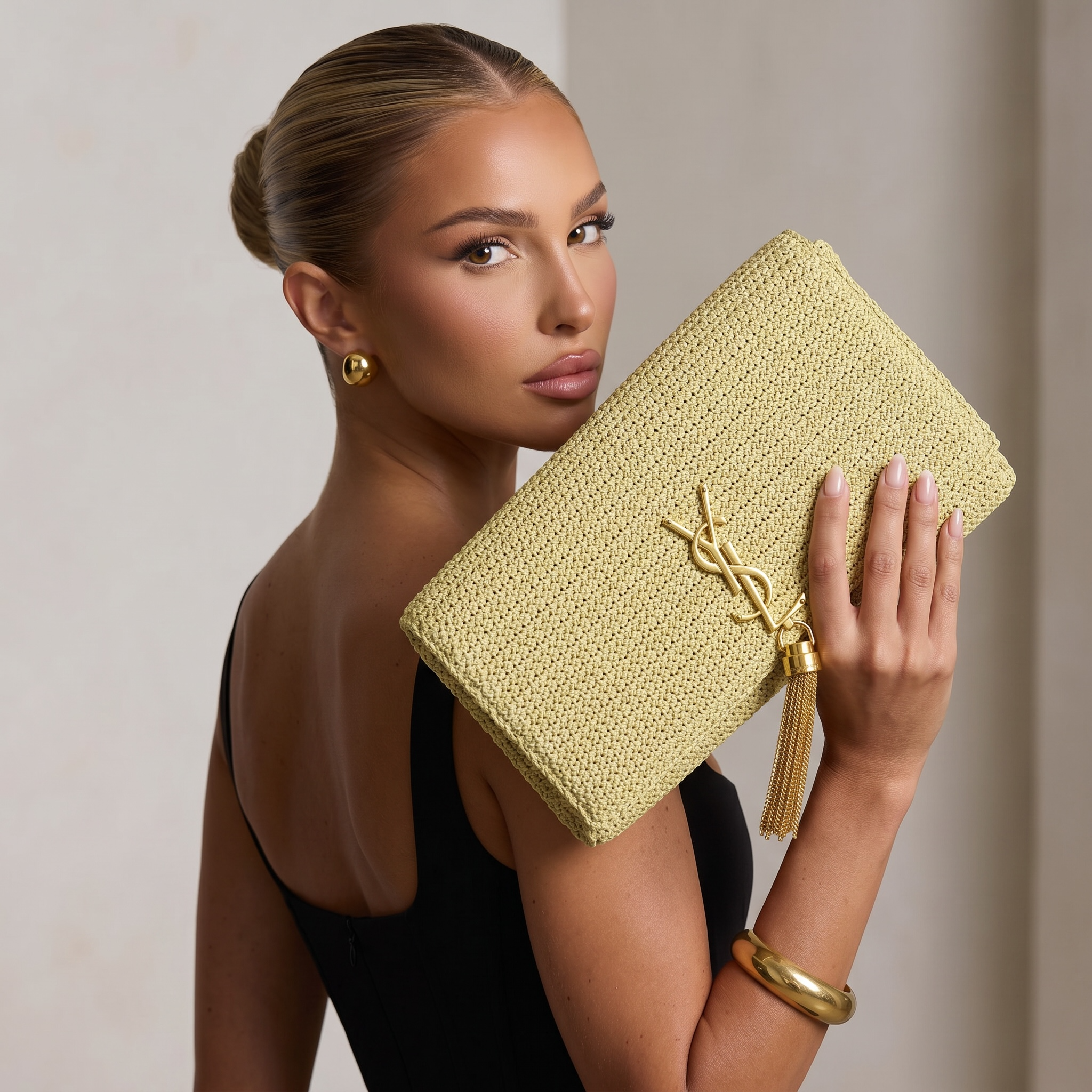 ✨ Saint Laurent Kate Raffia Tassel Clutch – Natural Beige Luxury Edition 🤍