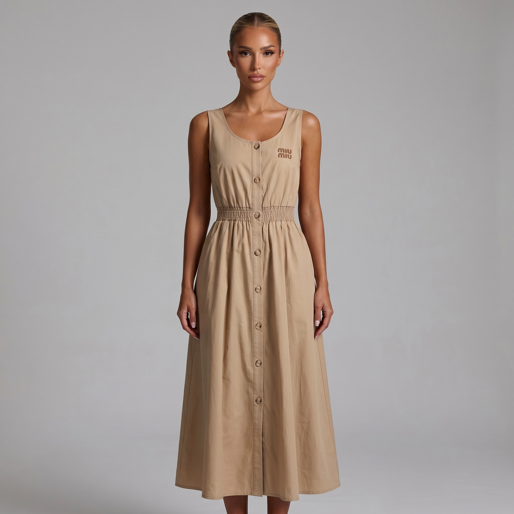 🤎 Miu Miu Sleeveless Cotton Midi Dress – Sand Beige ✨