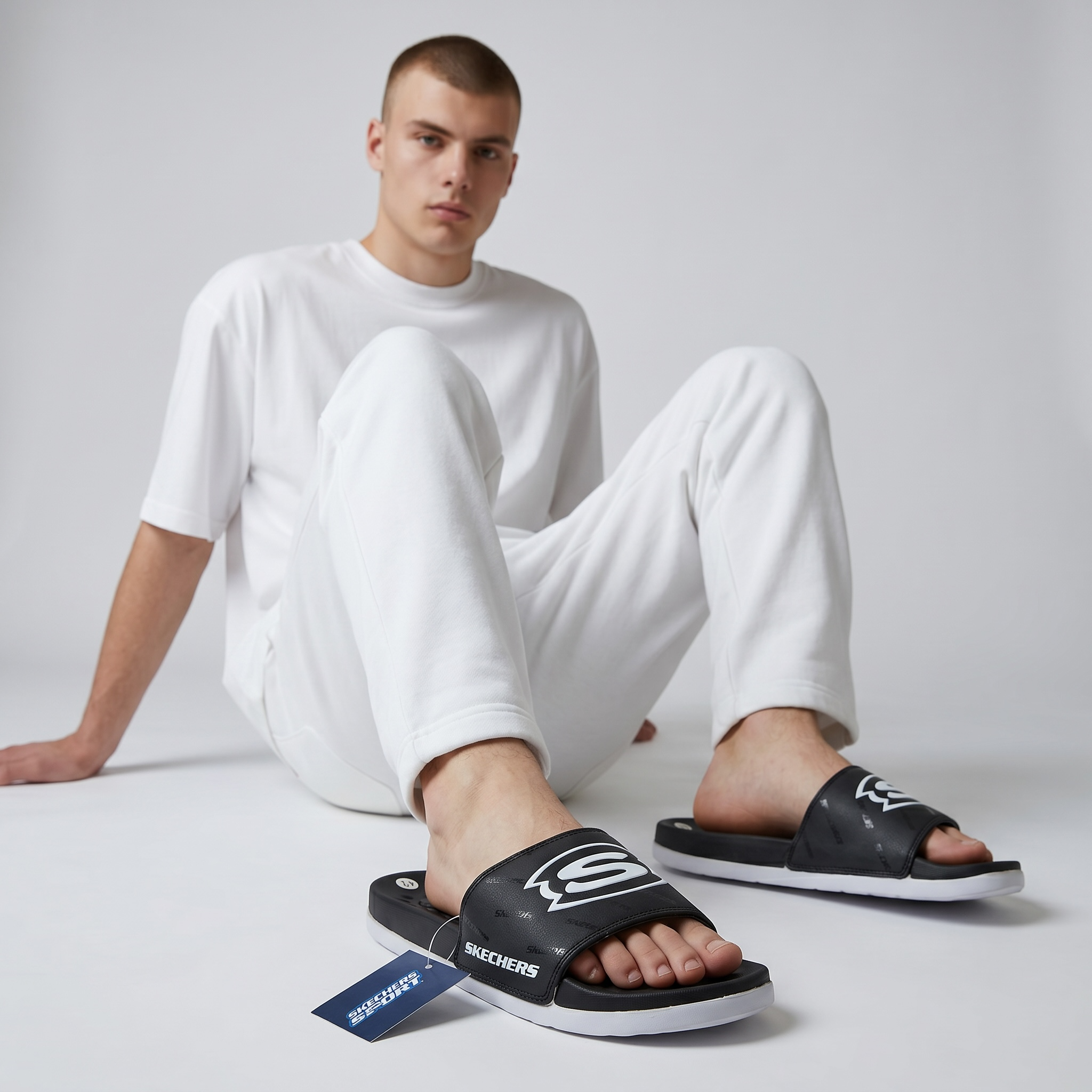 🖤⚪ Skechers Slides – Air Comfort Dual Tone Edition 🔥🩴