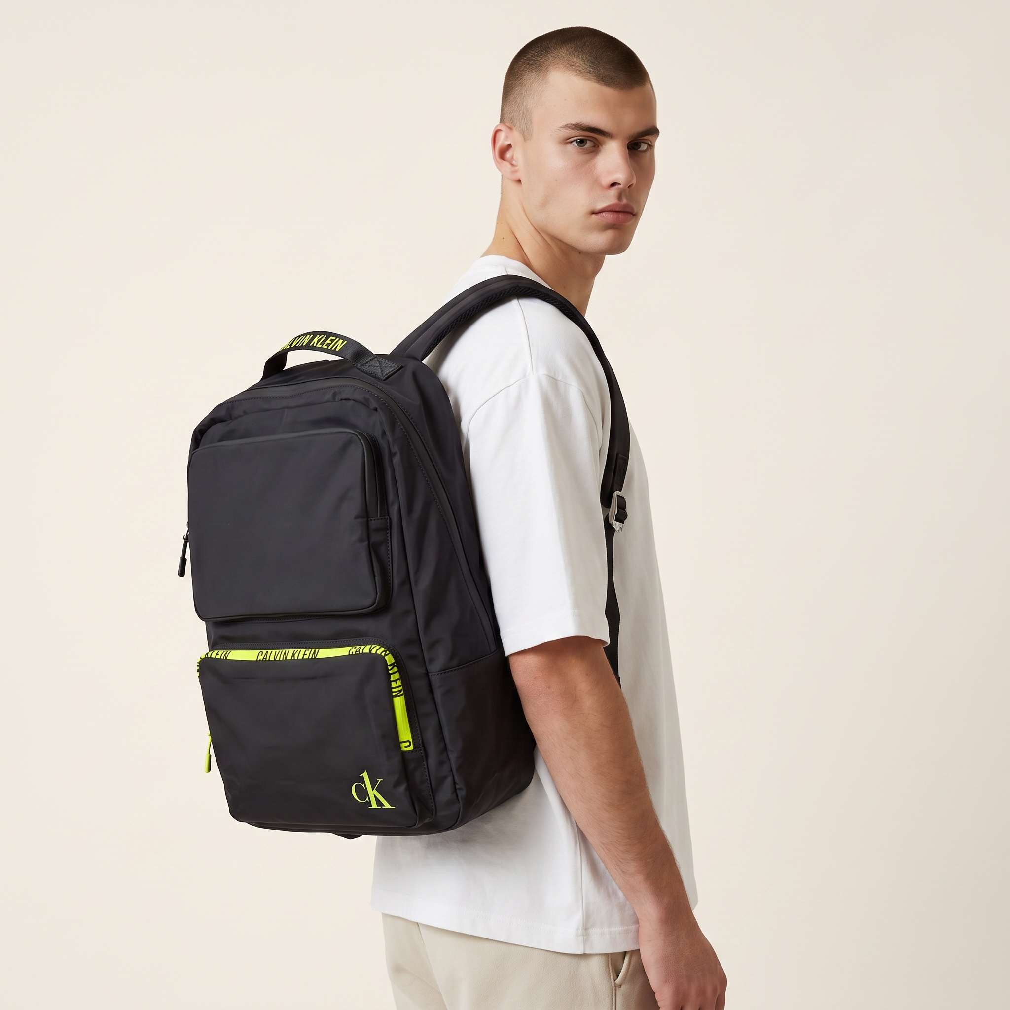 Calvin Klein Neon Accent Backpack – Black Sporty Laptop Bag 🎒⚡ | CK Street Edition