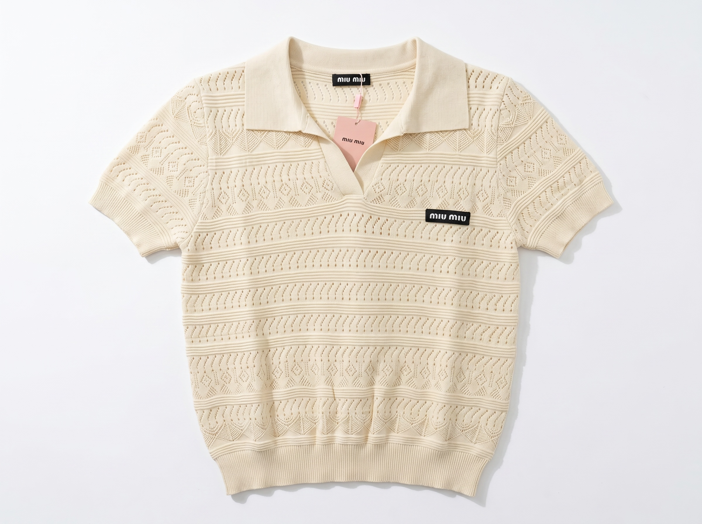 โจ Miu Miu Pointelle Knit Polo Top โ Ivory (one size)