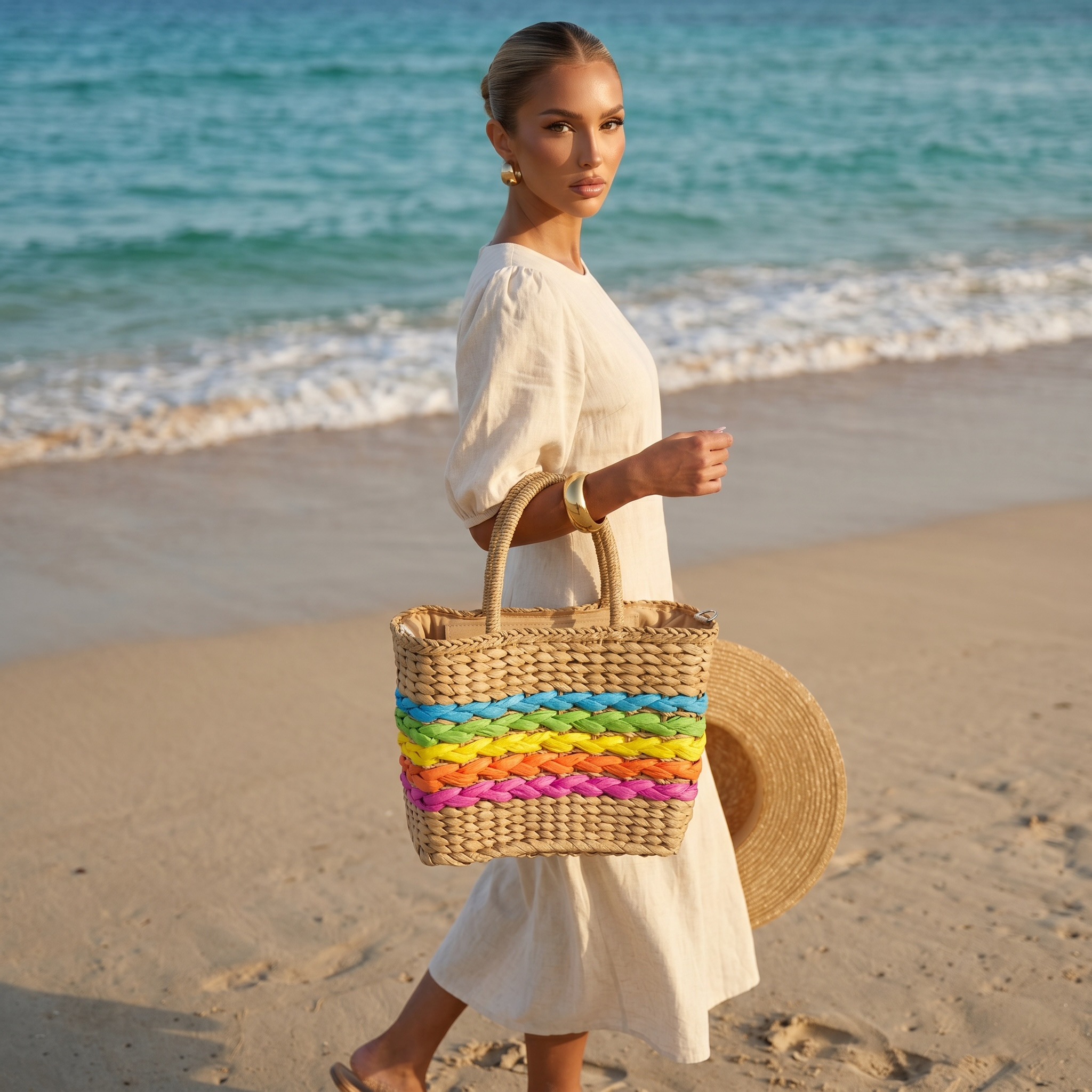 ๐ Rainbow Stripe Woven Beach Tote Bag