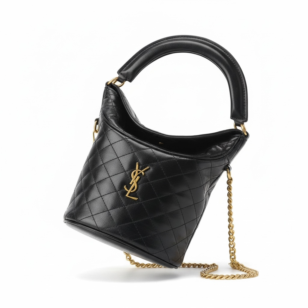 Saint Laurent Quilted Leather Bucket Bag with Gold Chain