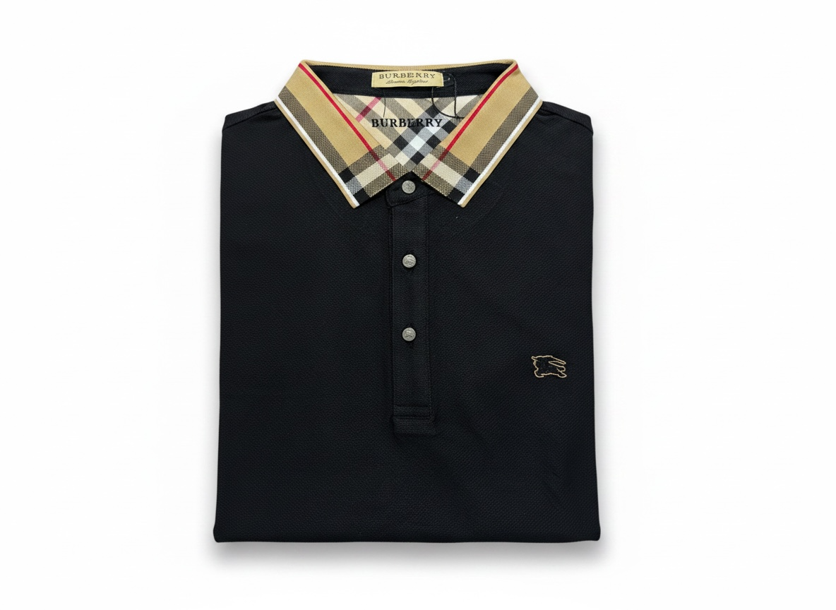 Burberry Black Polo Shirt 🖤✨ Iconic Check Collar Edition
