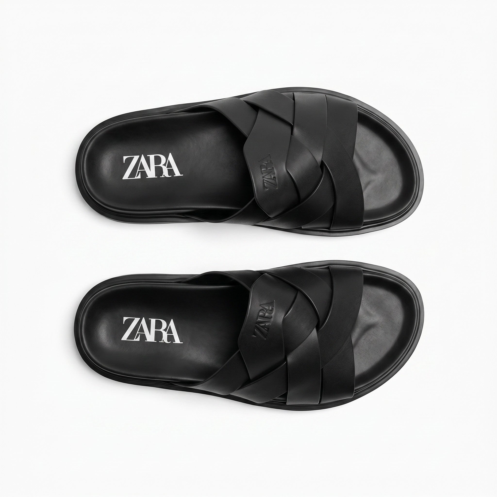 Zara Black Woven Leather Slide Sandals