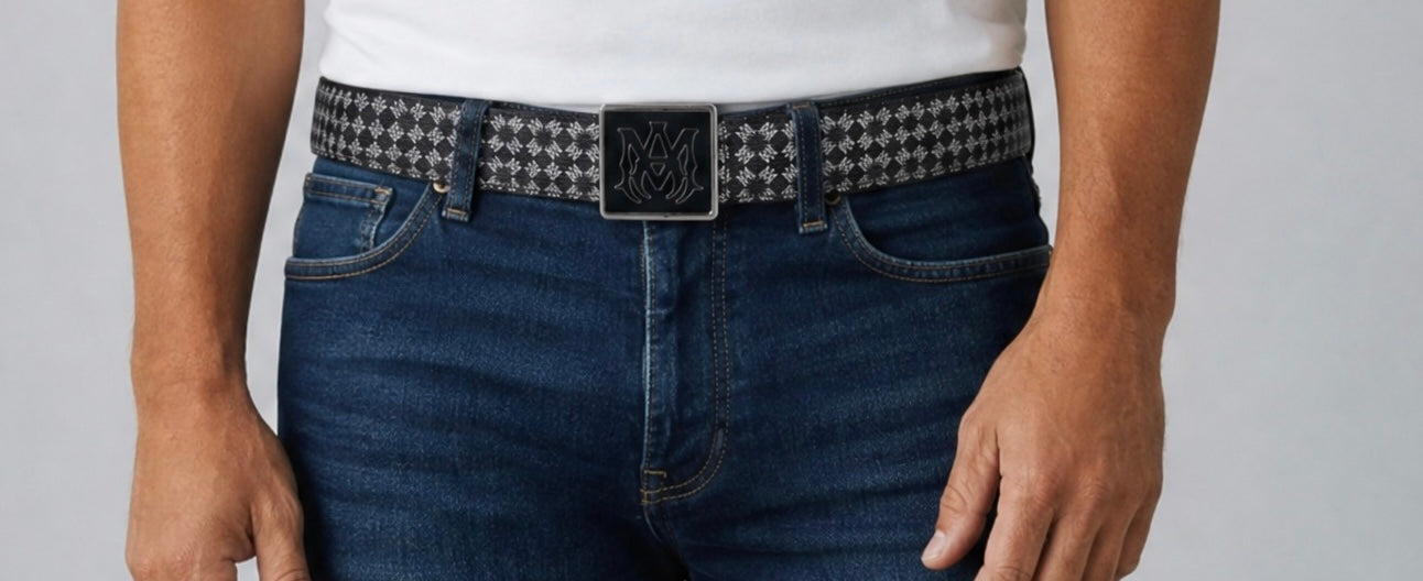 🖤✨ AMIRI Monogram Leather Belt – Gold Logo Buckle | 125 cm Statement Luxury