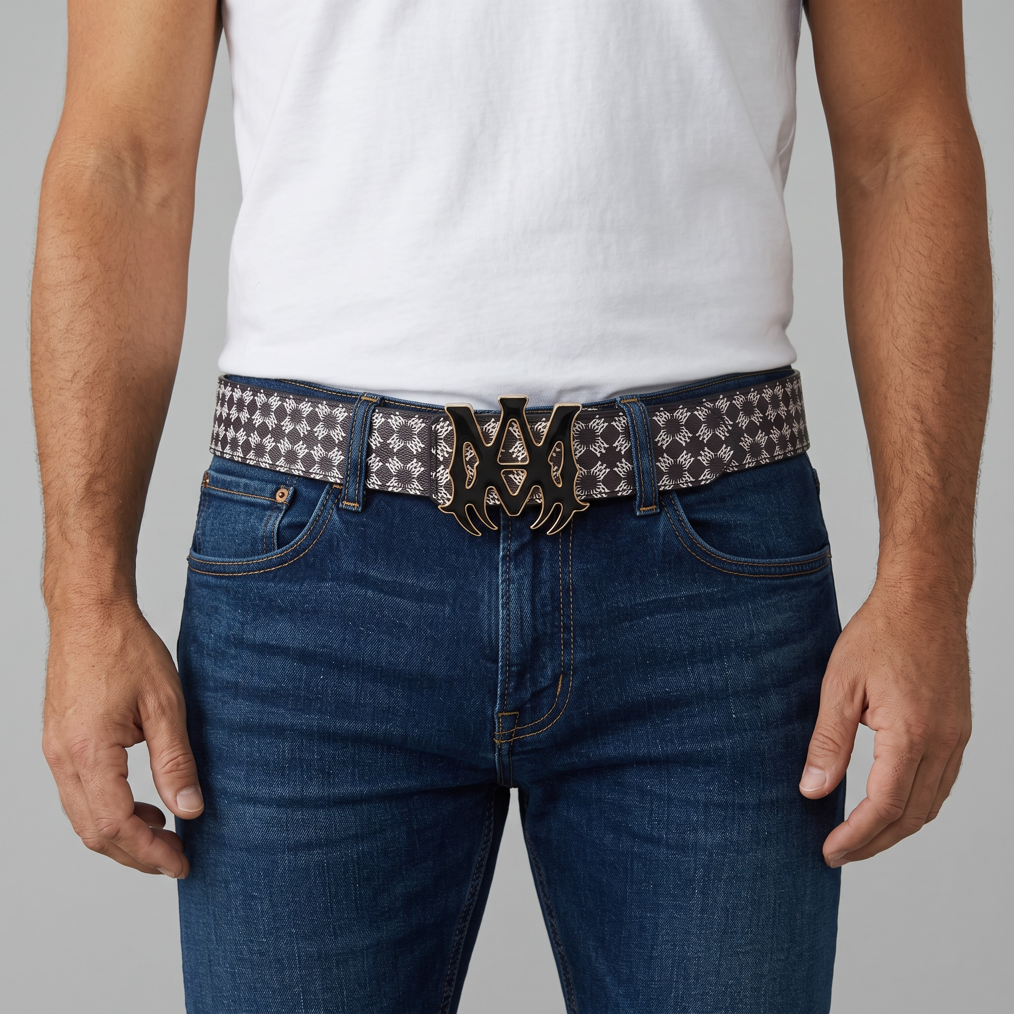 🖤✨ AMIRI Monogram Belt – Gold Flame Logo Buckle | 125CM Statement Piece