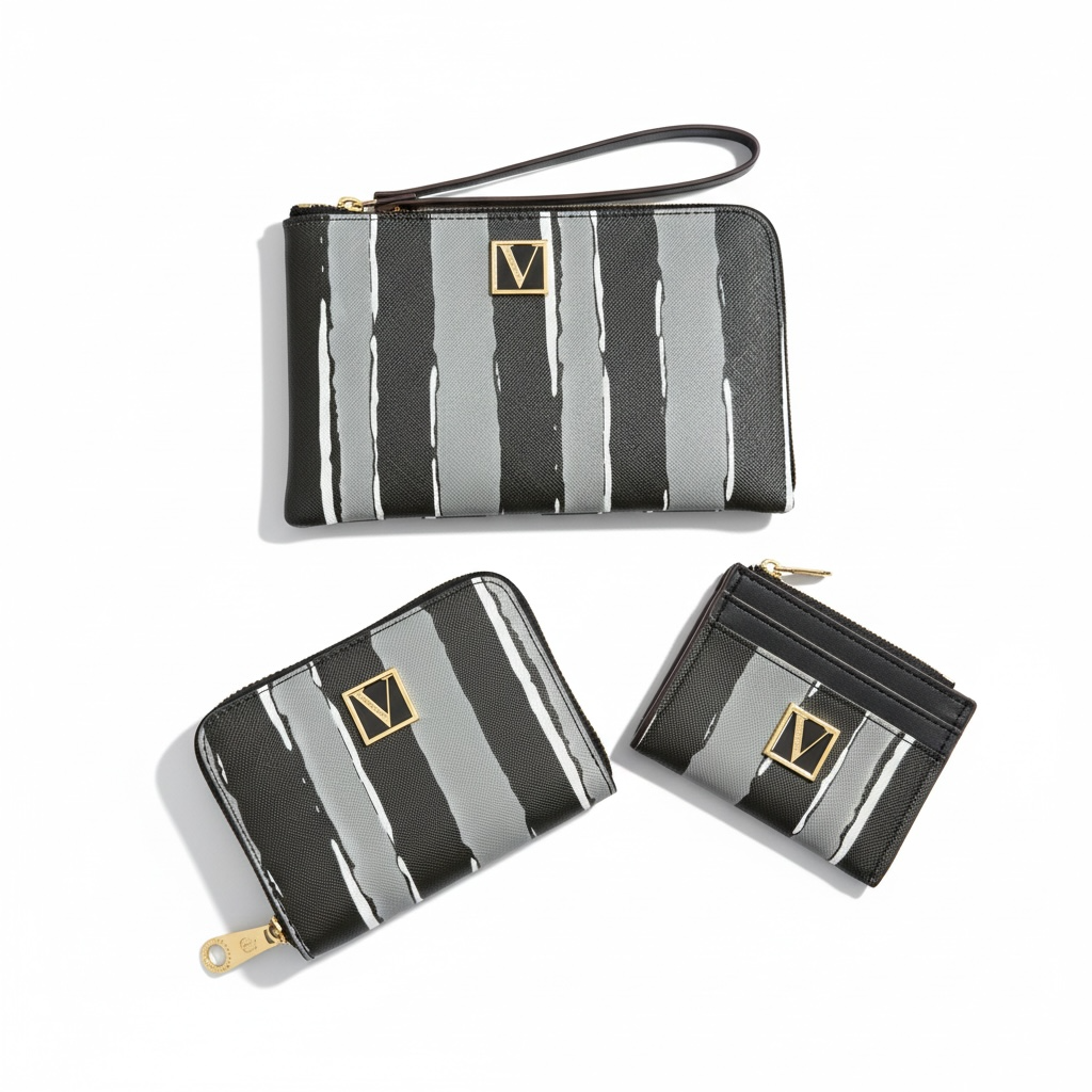 🖤 Victoria’s Secret Black & Grey Stripe Wallet & Card Holder Set ✨