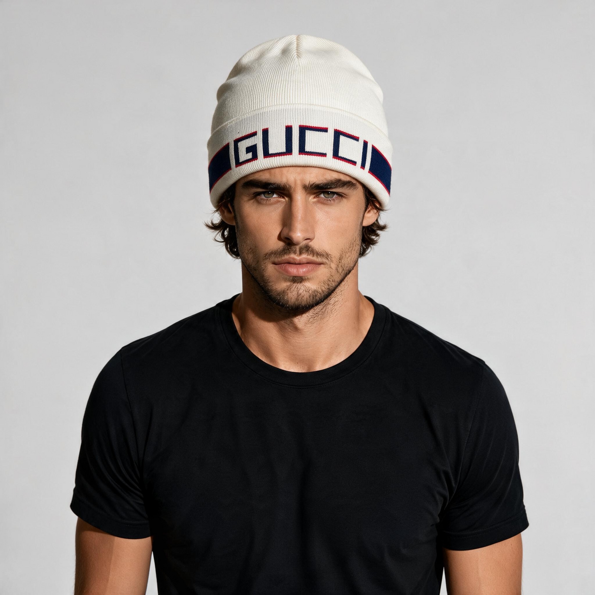 Gucci White Knit Beanie 🤍🔥 | Premium Winter Hat with Bold GUCCI Stripe Logo