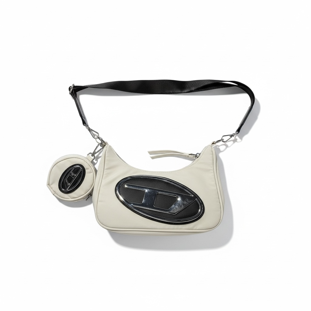 🔥 DIESEL Cyber Runner Shoulder Bag with Mini Pouch – Beige & Black