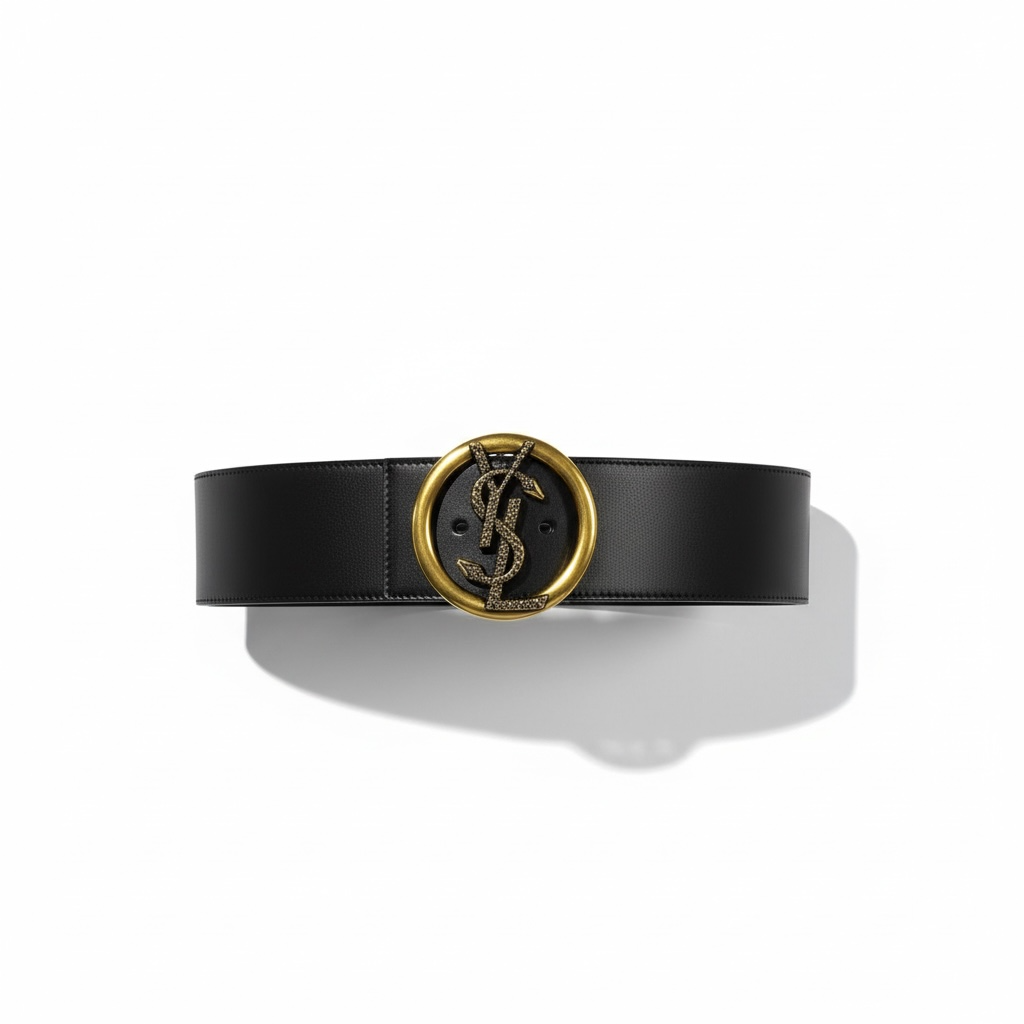 🖤 Saint Laurent Wide Black Leather Belt – Gold Snake YSL Logo Buckle (125cm)