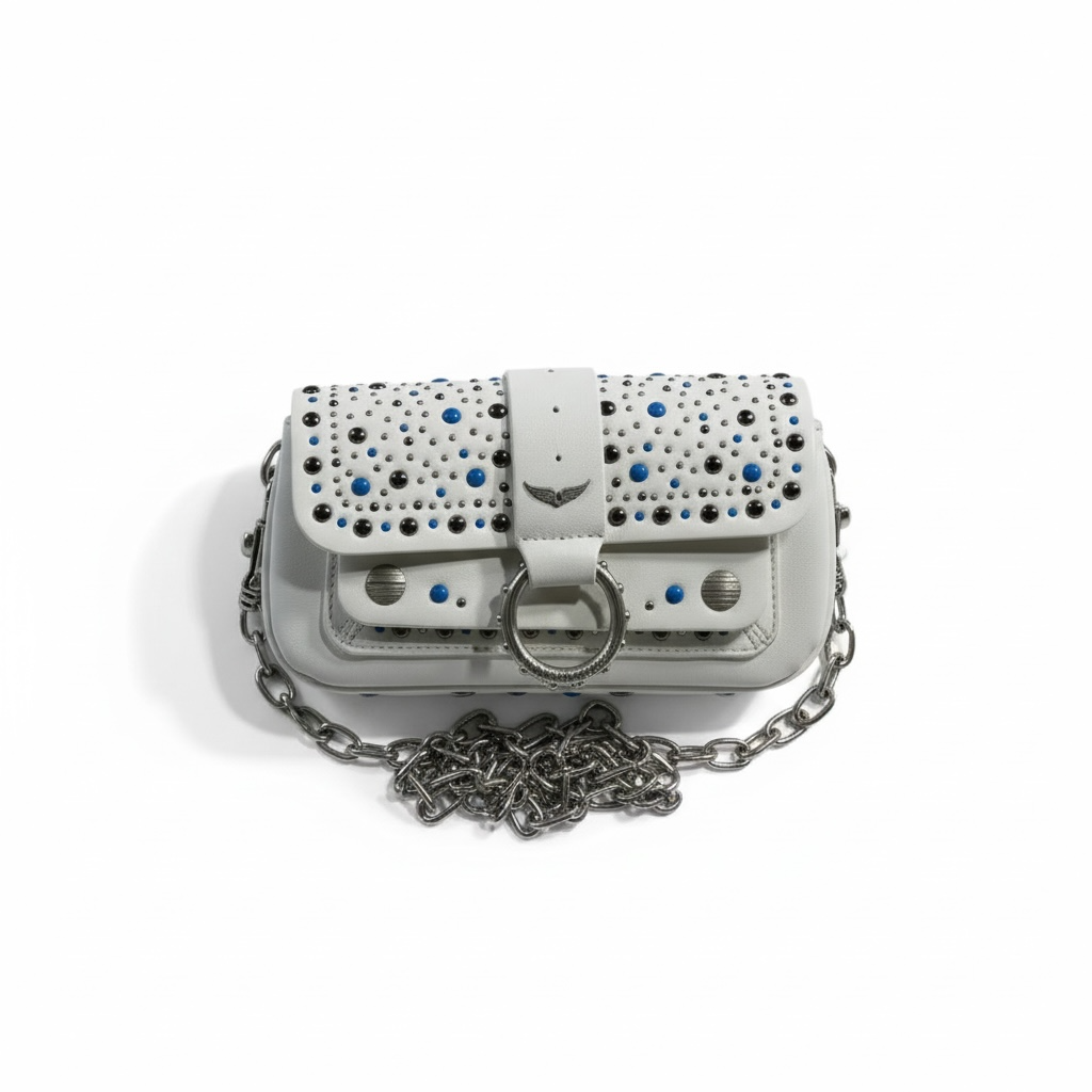 Zadig & Voltaire White Studded Shoulder Bag 🤍✨ | Silver Chain & Blue Accents 💎