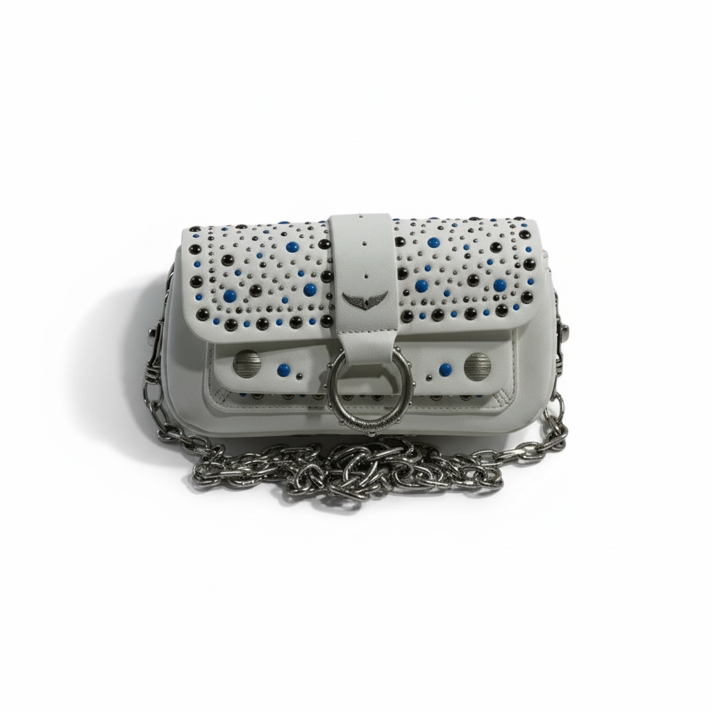 Zadig & Voltaire White Studded Shoulder Bag 🤍✨ | Silver Chain & Blue Accents 💎